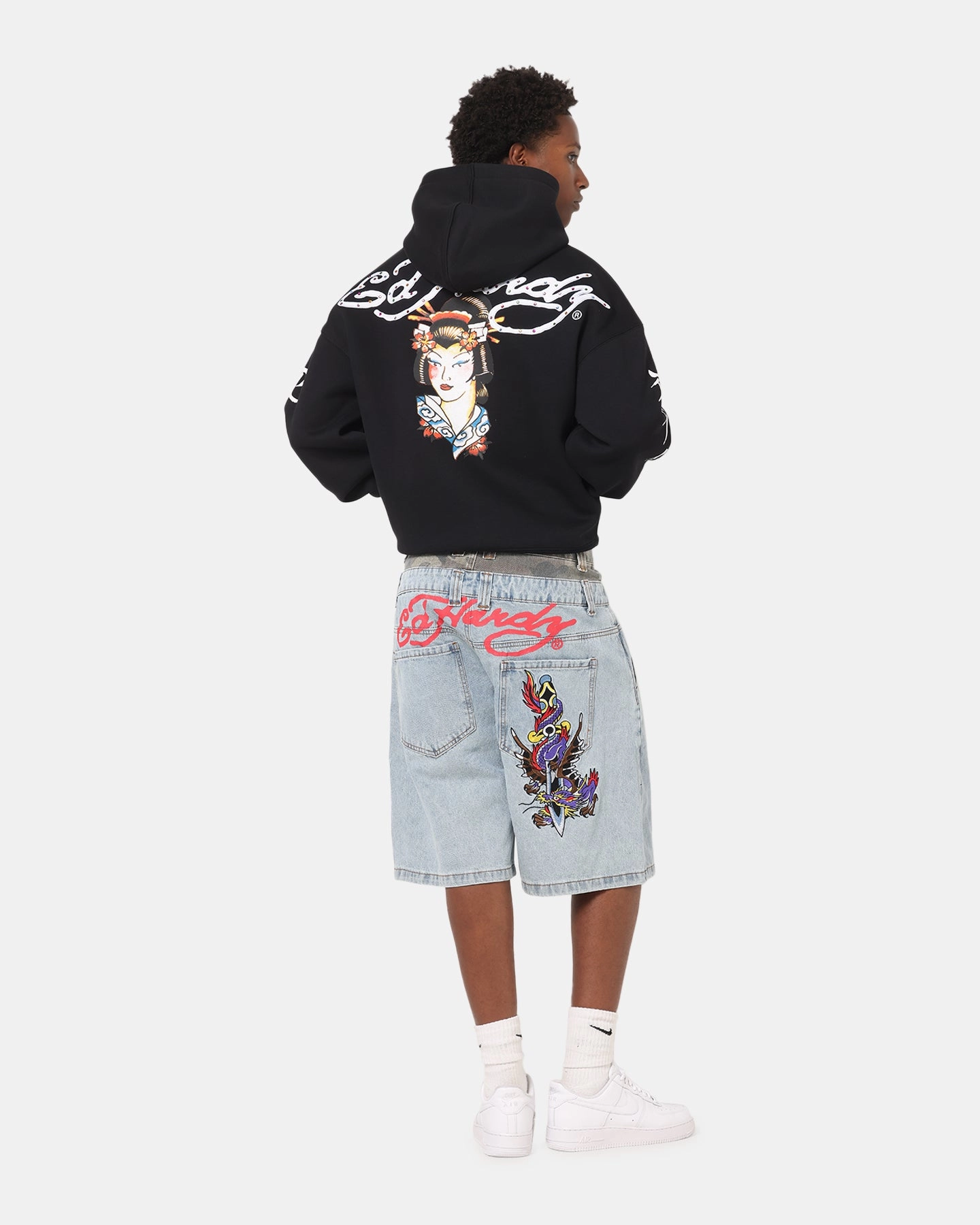Ed Hardy Geisha Rhinestone Hoodie Black/Multi Rain Ready Adjustable Cuffs