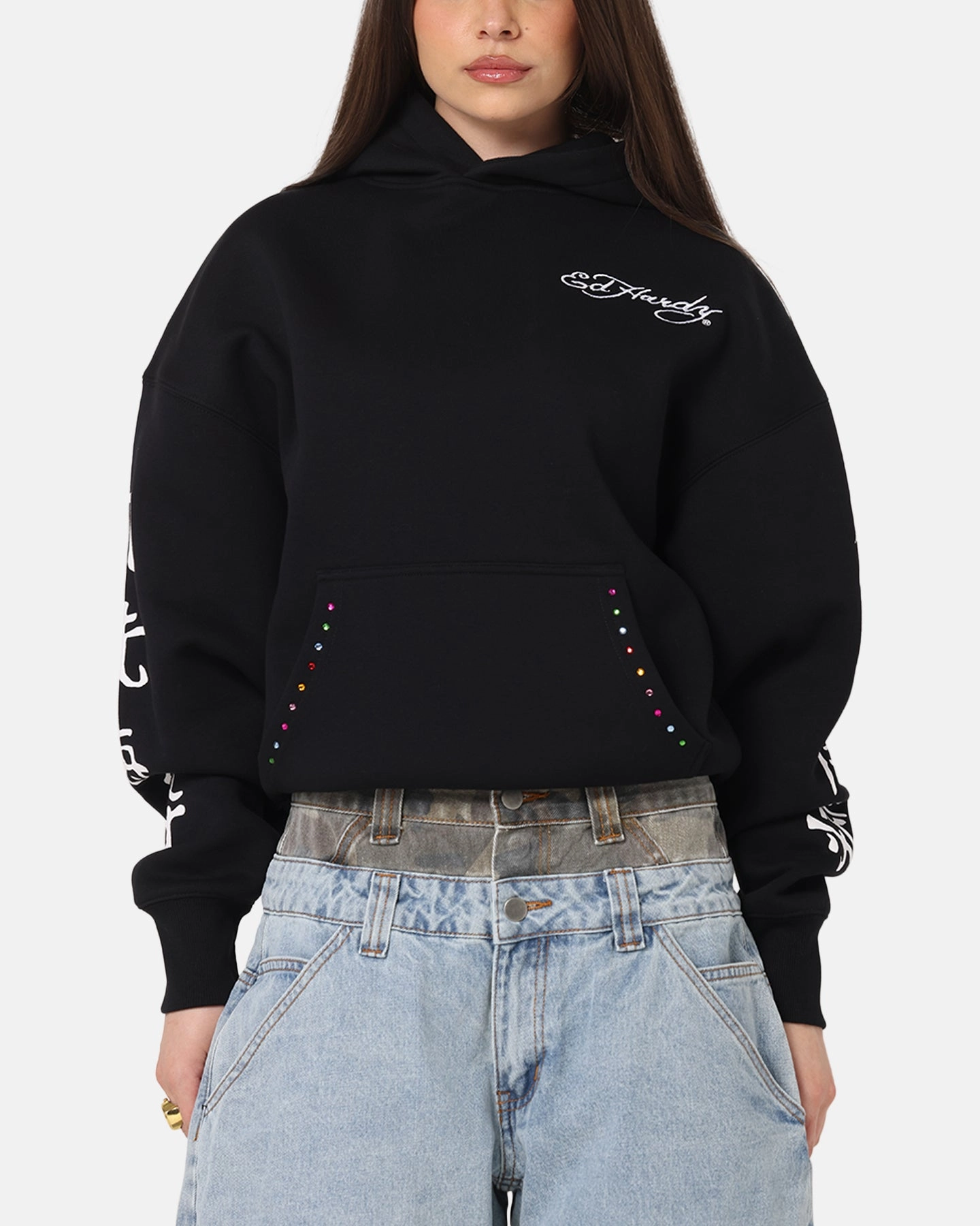 Ed Hardy Geisha Rhinestone Hoodie Black/Multi Mittens