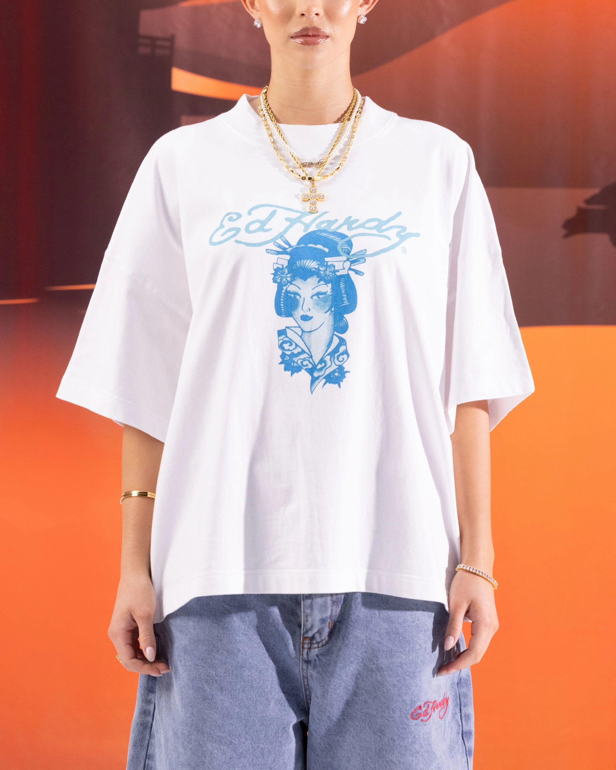 Pullover Breathable knit Ed Hardy Geisha T-Shirt Off White