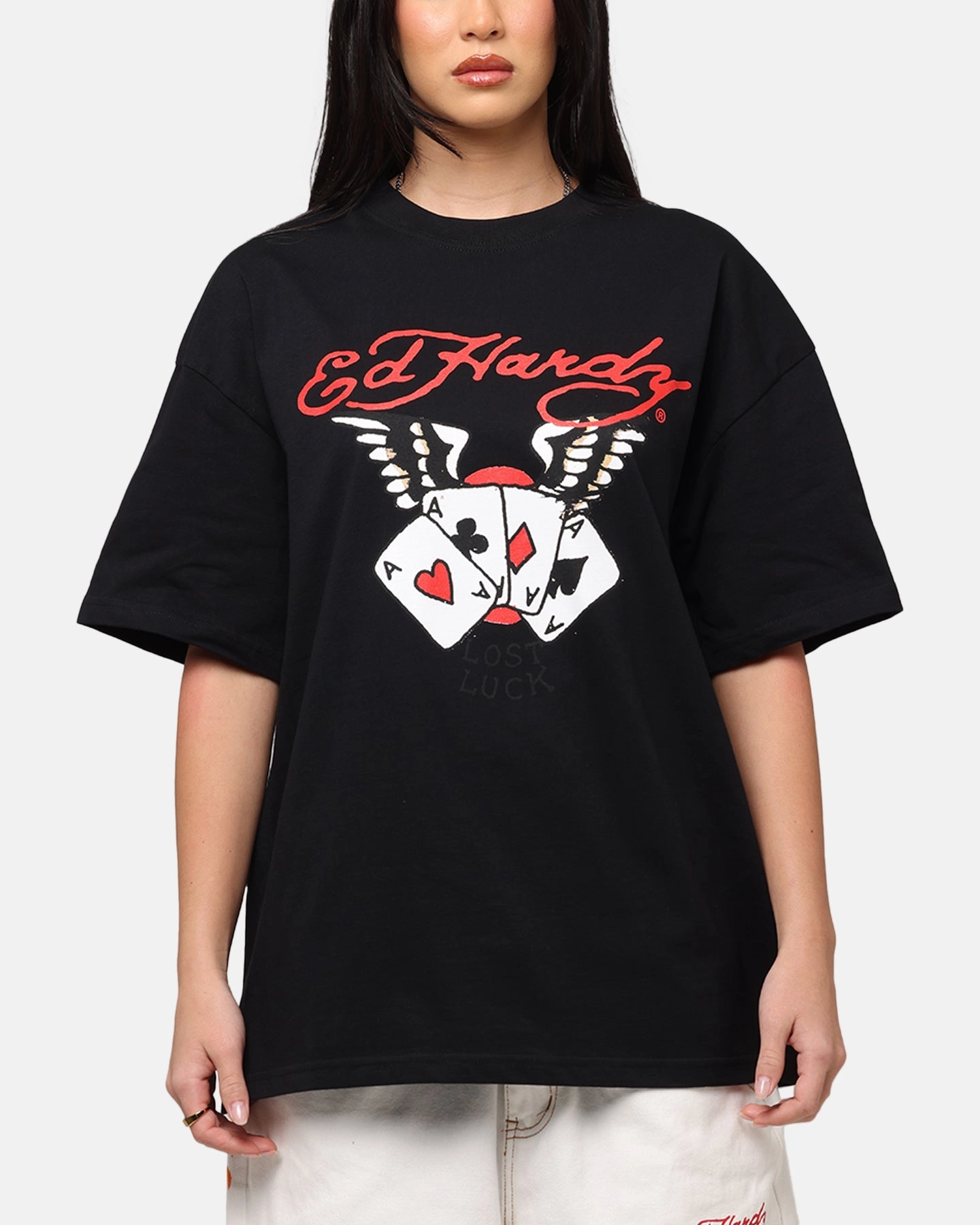 Ed Hardy Lost Luck T-Shirt Black Relaxed Armhole Cut Long Sleeve