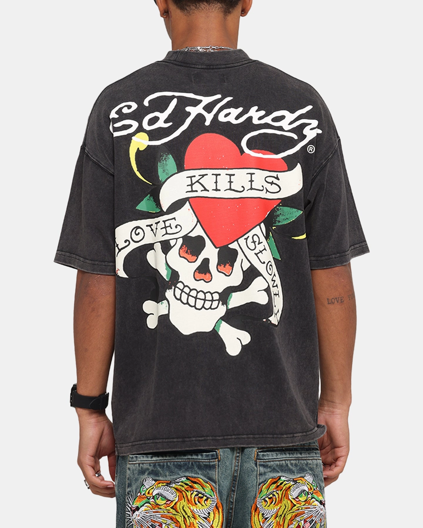 Playful Vibes Vintage Wash Effect Ed Hardy Love Kills Oversized T-Shirt Black
