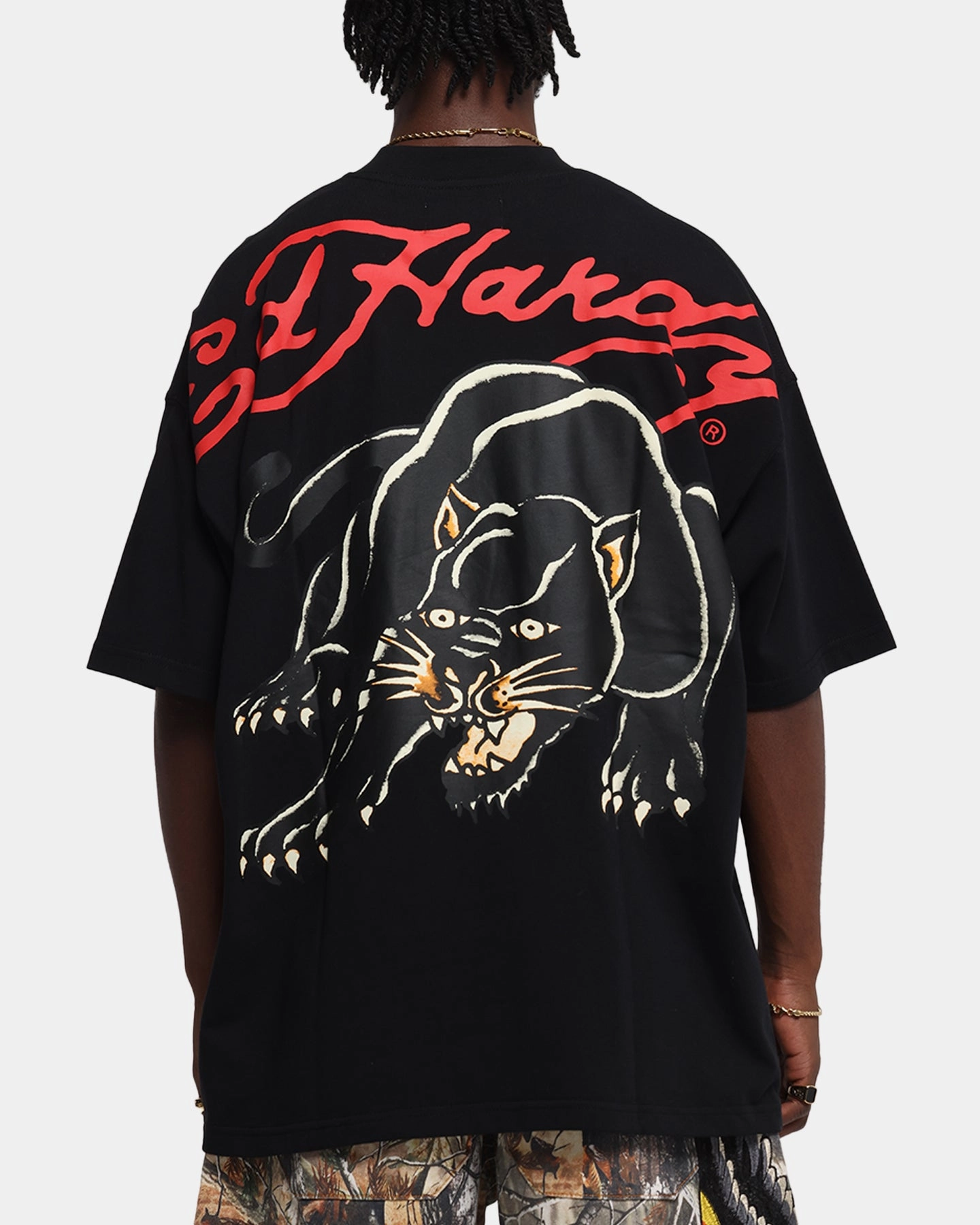 Ed Hardy Oversized Panther T-Shirt Black Crew Neck Design Fashion-Forward