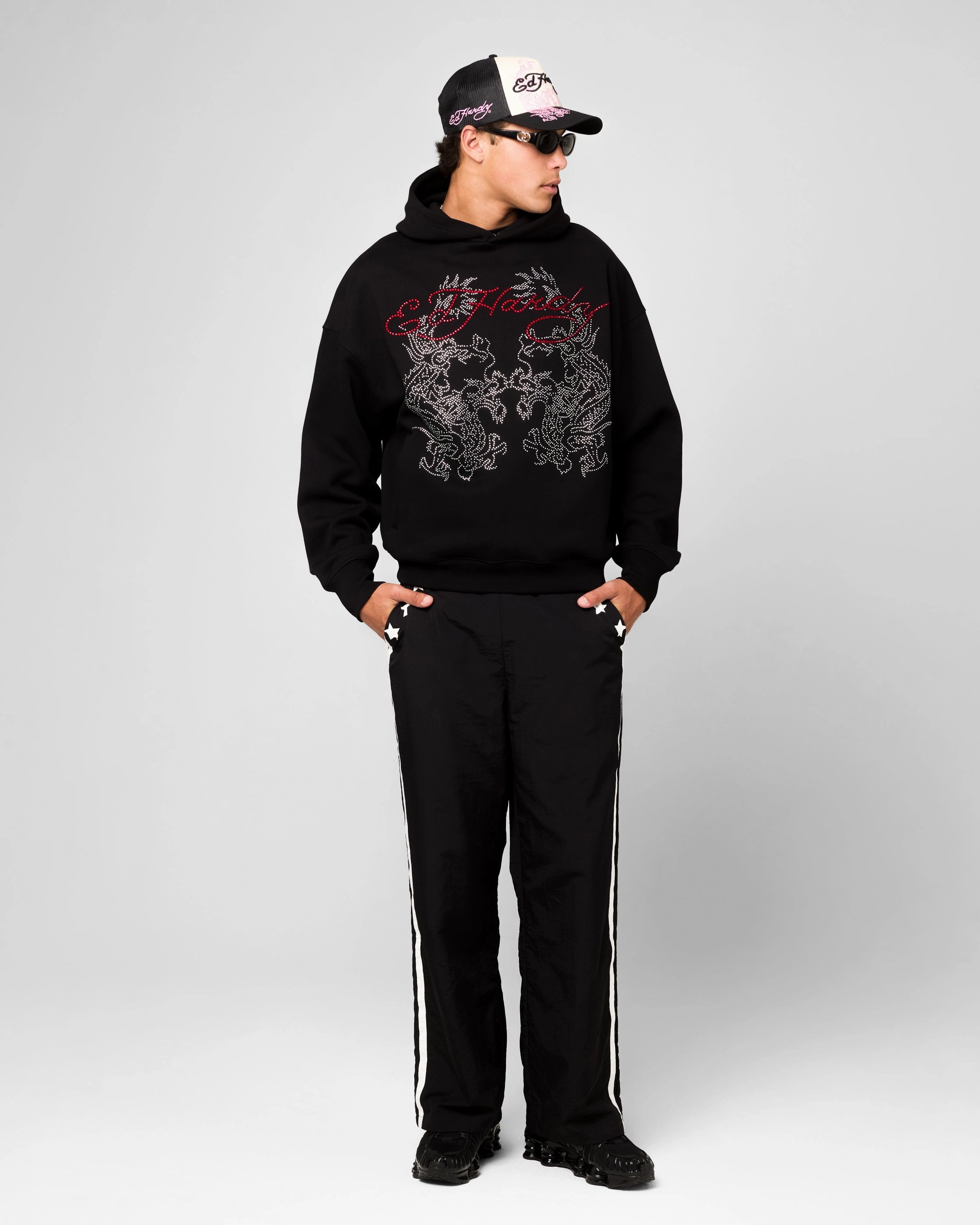 Abrasion Resistant Surface Ed Hardy Rhinestone Dragon Hoodie Black