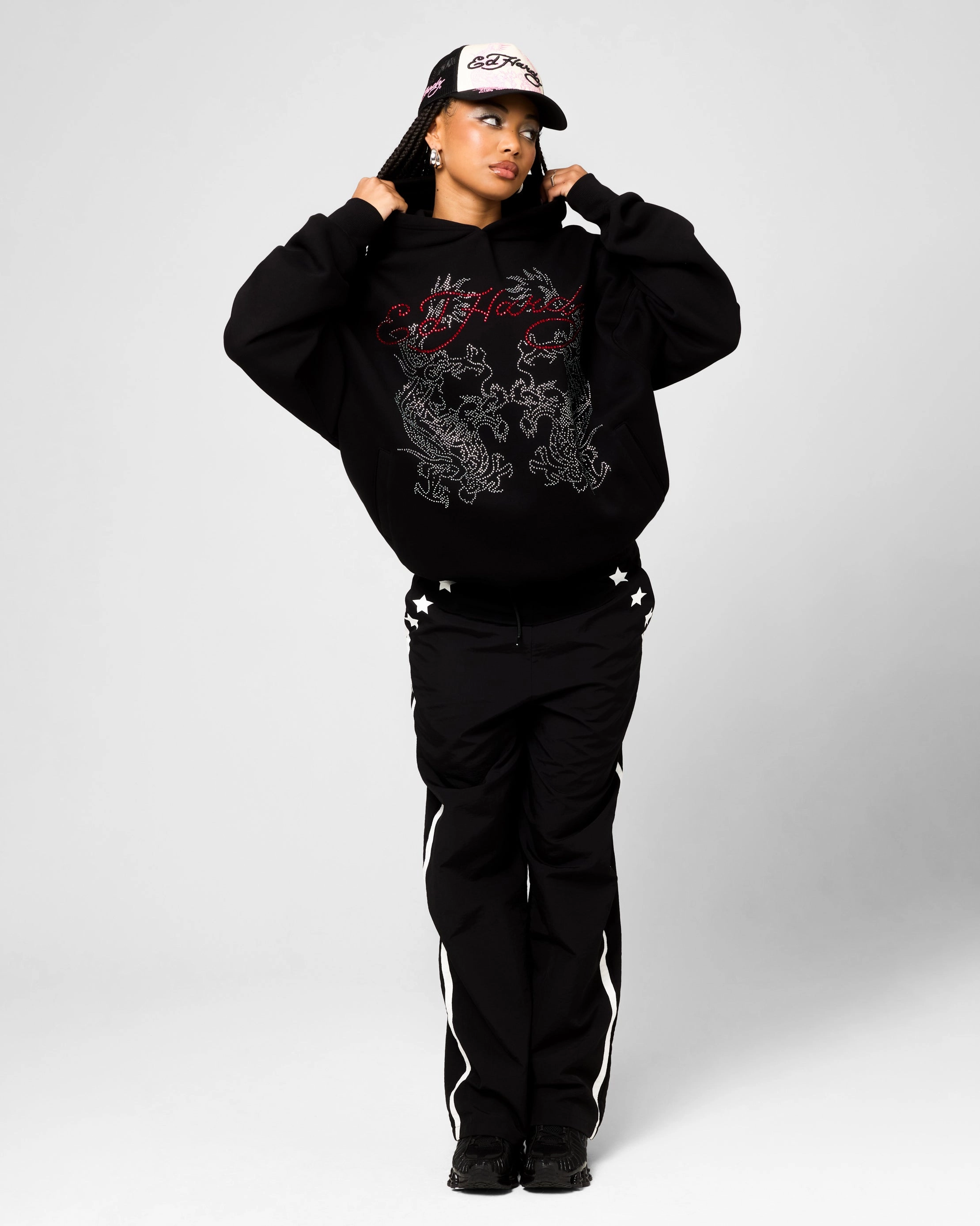Layering Compatible Ed Hardy Rhinestone Dragon Hoodie Black