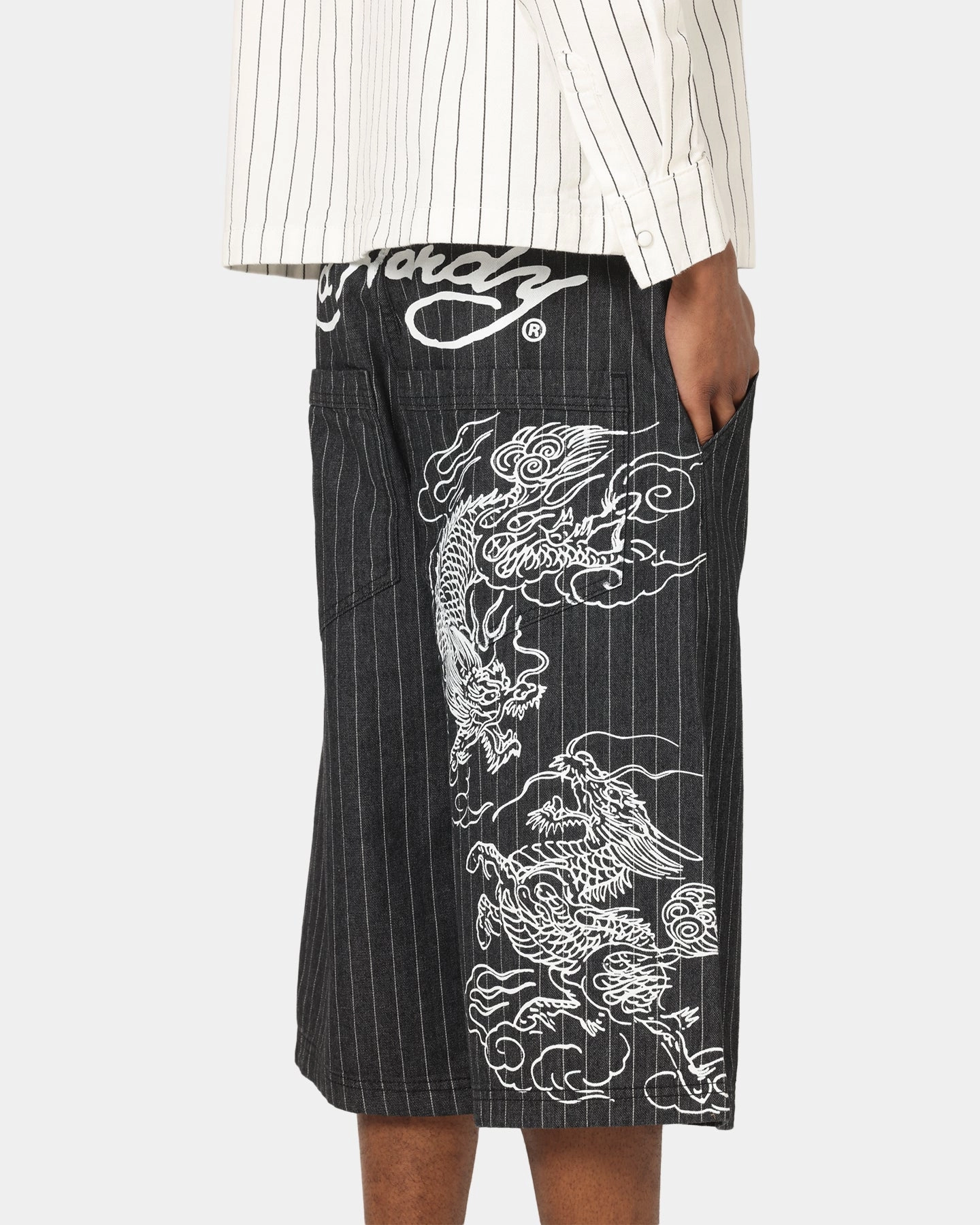 Ed Hardy Shinjuku Jorts Black Pinstripe Temperature Regulating Blend Bohemian style