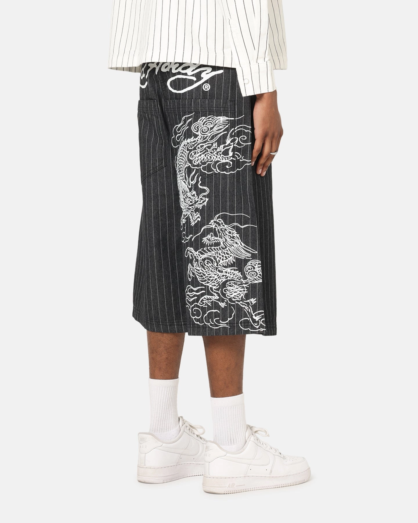 Ed Hardy Shinjuku Jorts Black Pinstripe Sleek Cut Everyday Comfort