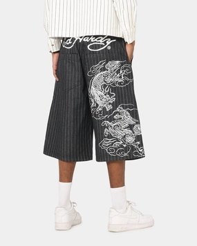 Ed Hardy Shinjuku Jorts Black Pinstripe Fun Colors