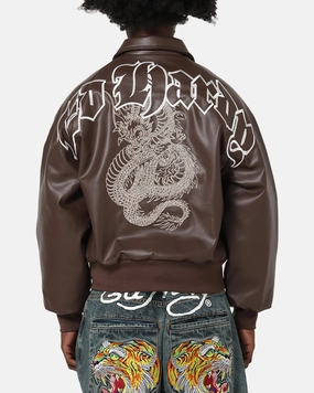 Ed Hardy Shinjuku Leather Jacket Brown Weightless Construction High Collar Support