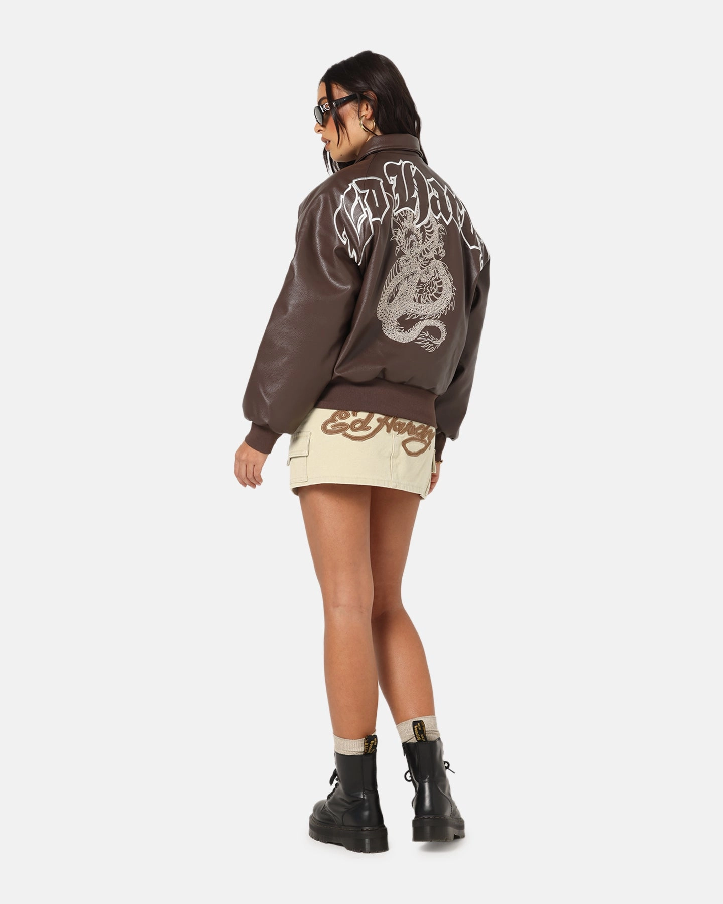 All Weather Versatility Sporty Style Ed Hardy Shinjuku Leather Jacket Brown