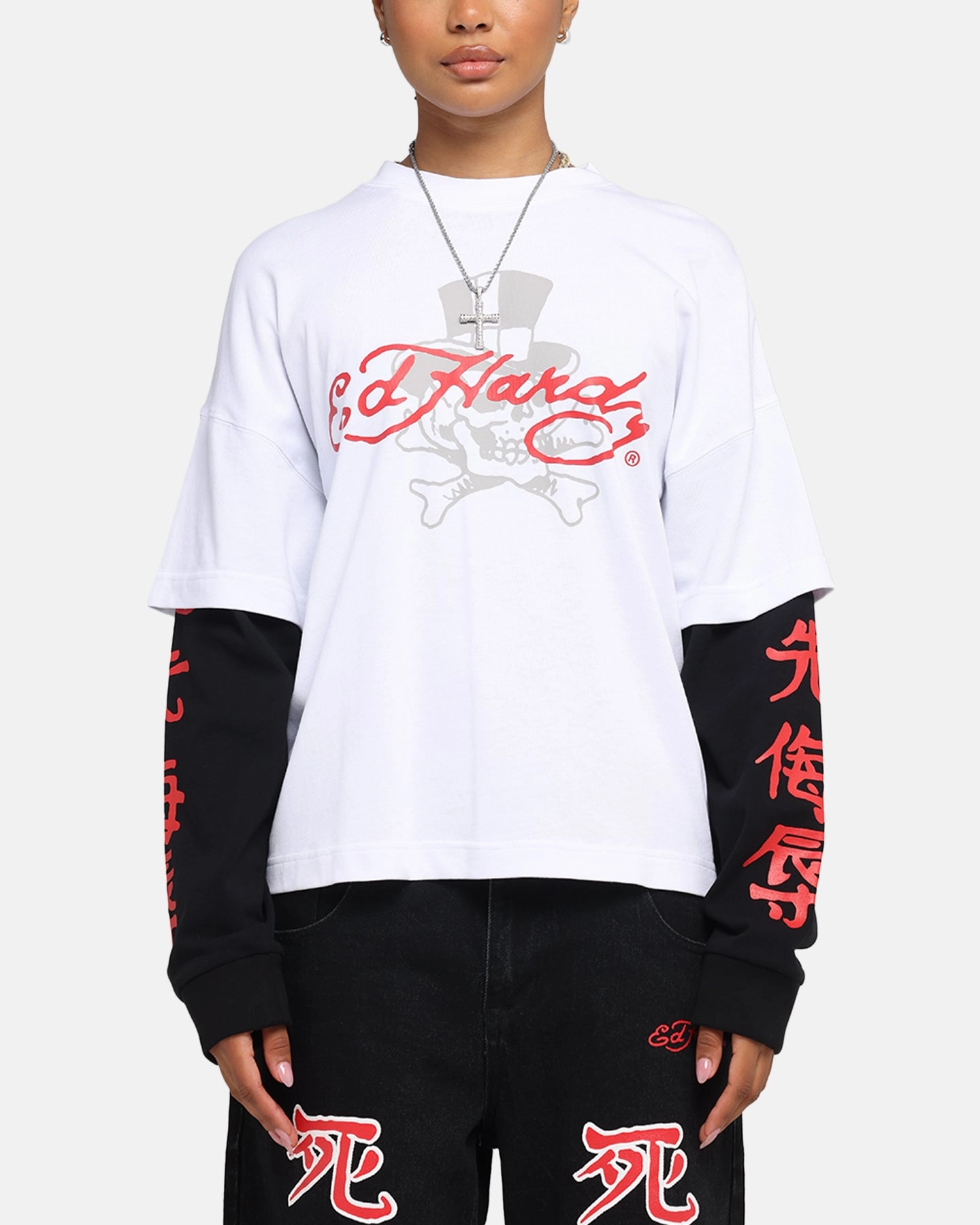 Everyday Casual Versatile Top Ed Hardy Skull Layered Long Sleeve T-Shirt White