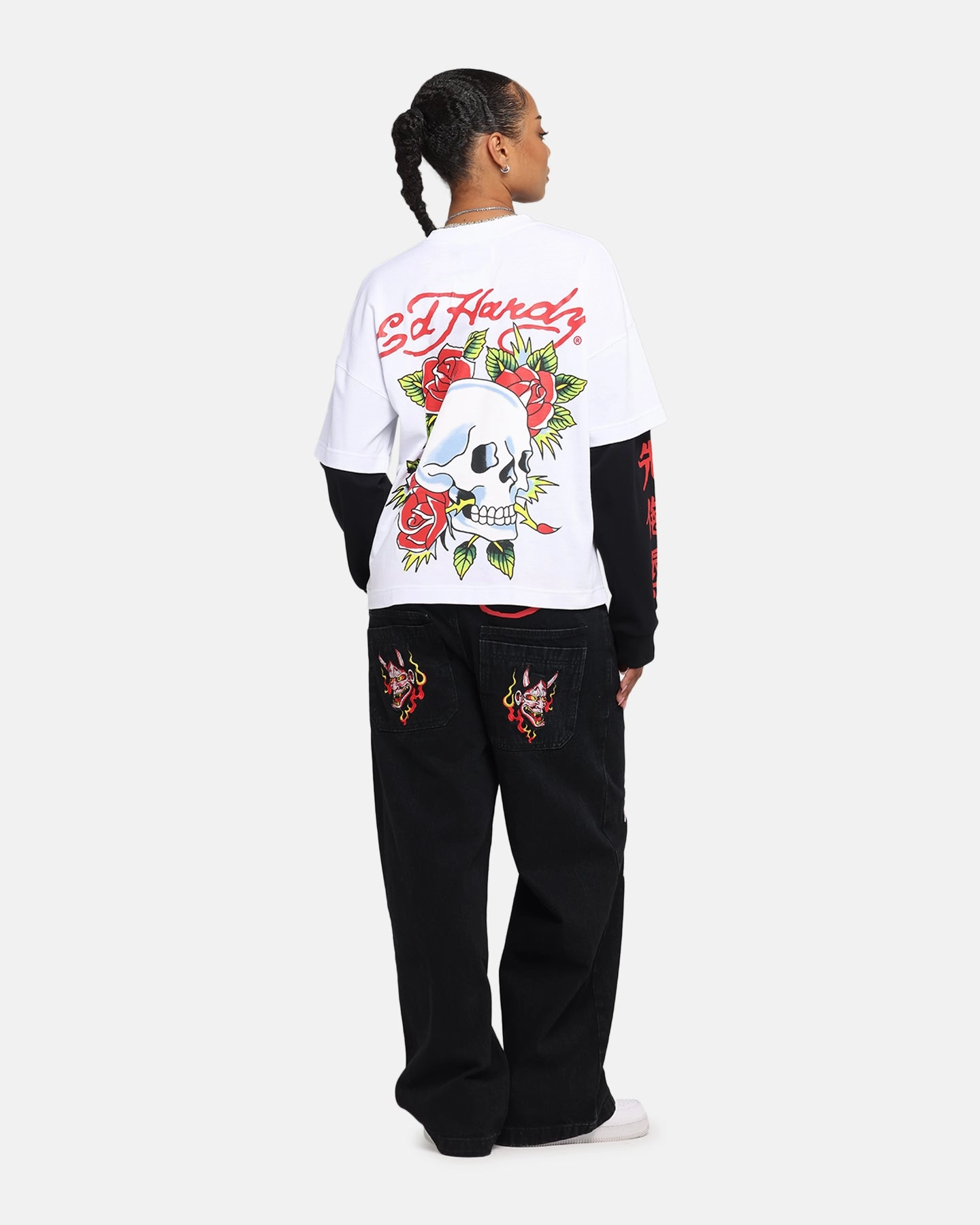 Ed Hardy Skull Layered Long Sleeve T-Shirt White Chilly Layer Perfect for Outdoors