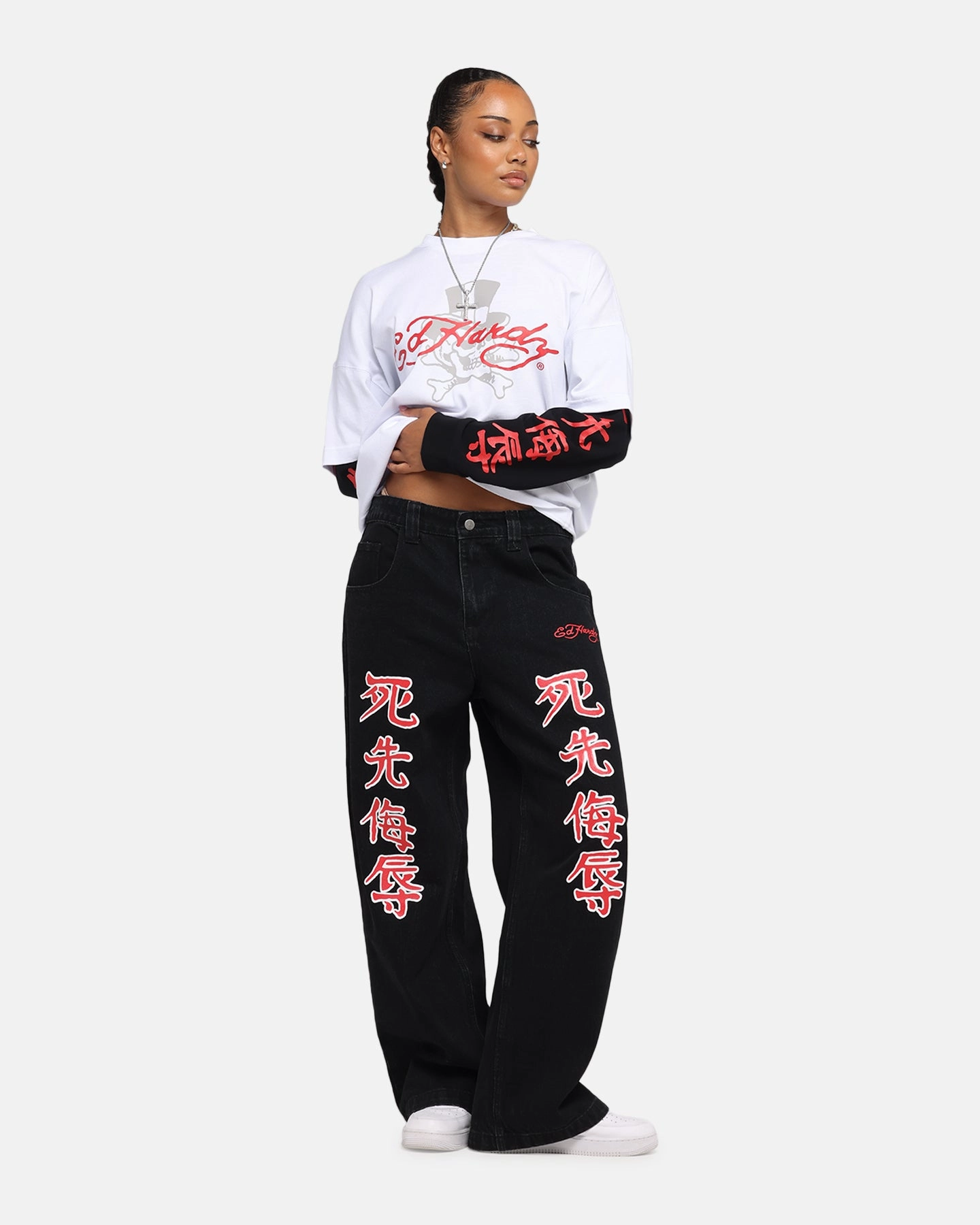 easy to pair Ed Hardy Skull Layered Long Sleeve T-Shirt White