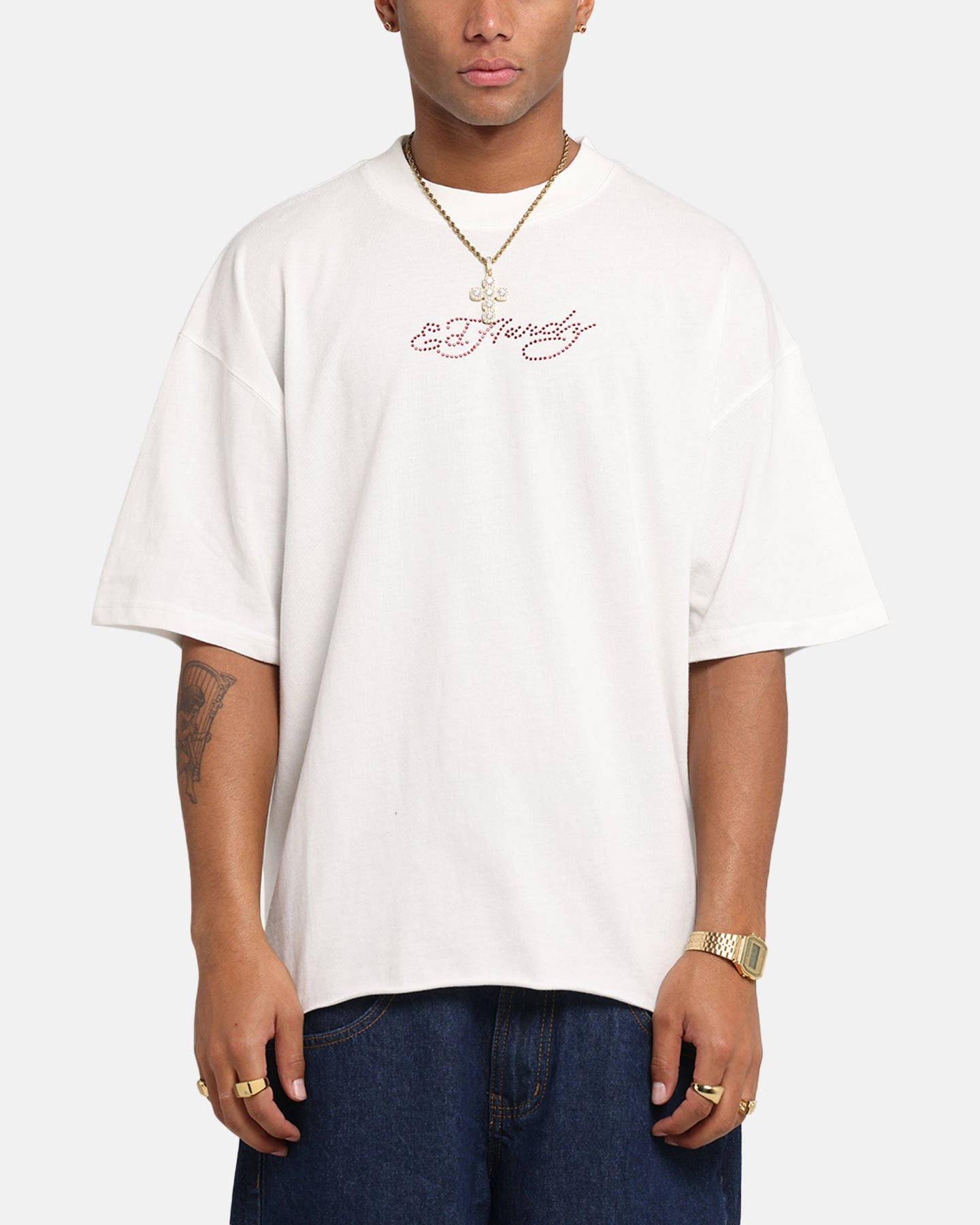 Ed Hardy Techno Rhinestone T-Shirt Off White AntiPilling Treatment