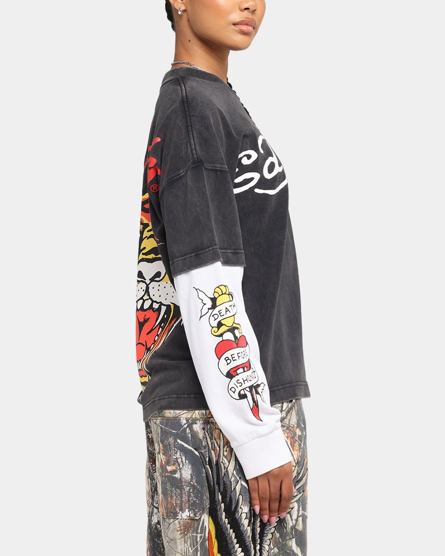 Ed Hardy Tiger Layered Long Sleeve T-Shirt Black Casual Chic UV Protective Coating