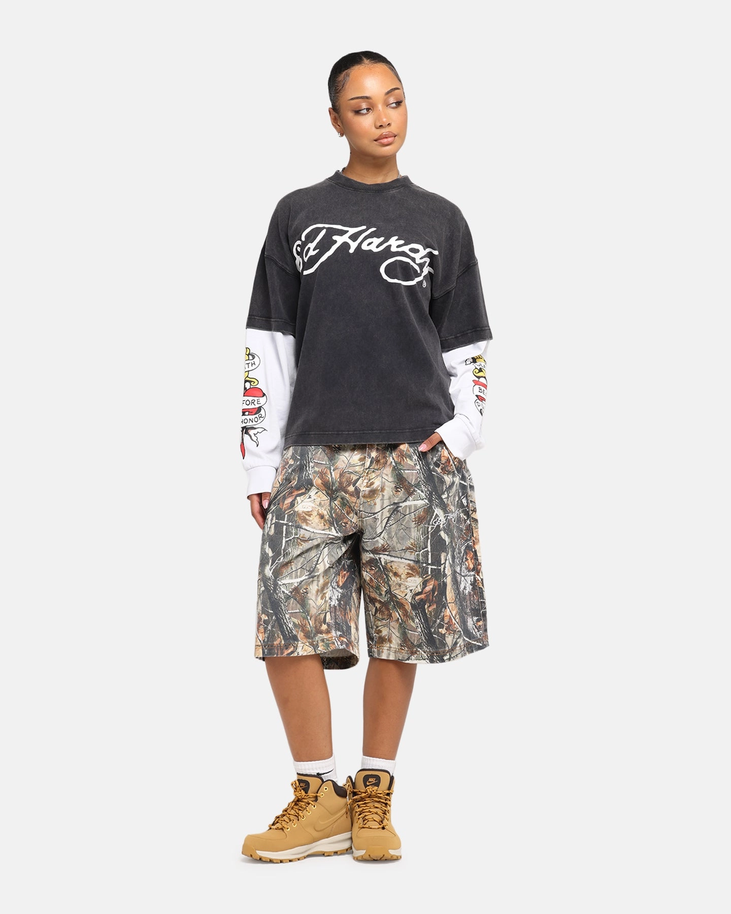 proper length Durable Ribbed Hem Ed Hardy Tiger Layered Long Sleeve T-Shirt Black