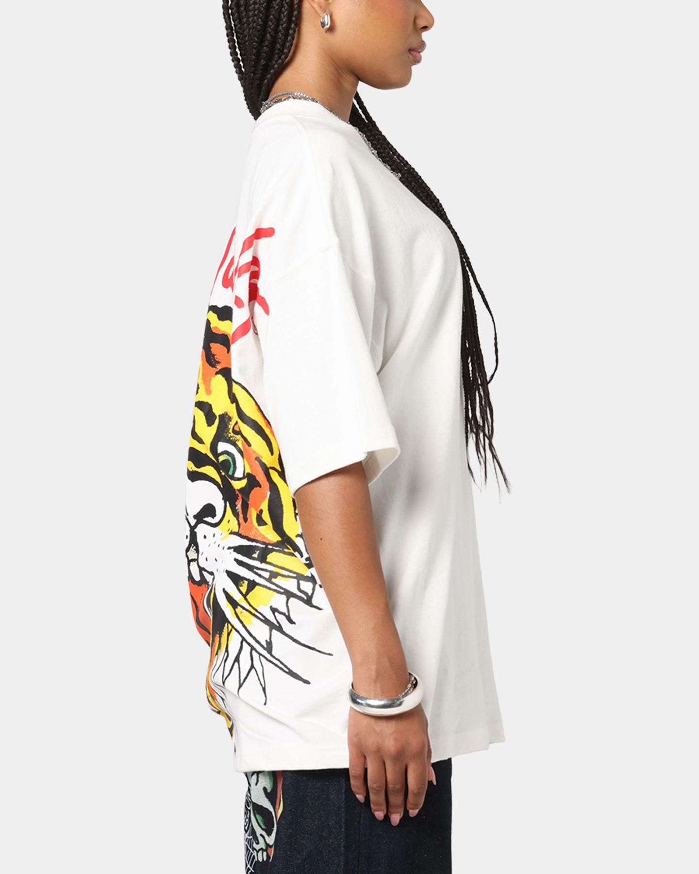 Embroidered Details Ed Hardy Tiger Oversized Print T-Shirt Off White