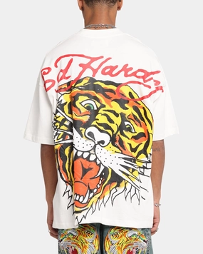 Ed Hardy Tiger Oversized Print T-Shirt Off White Light Comfort StretchFabric