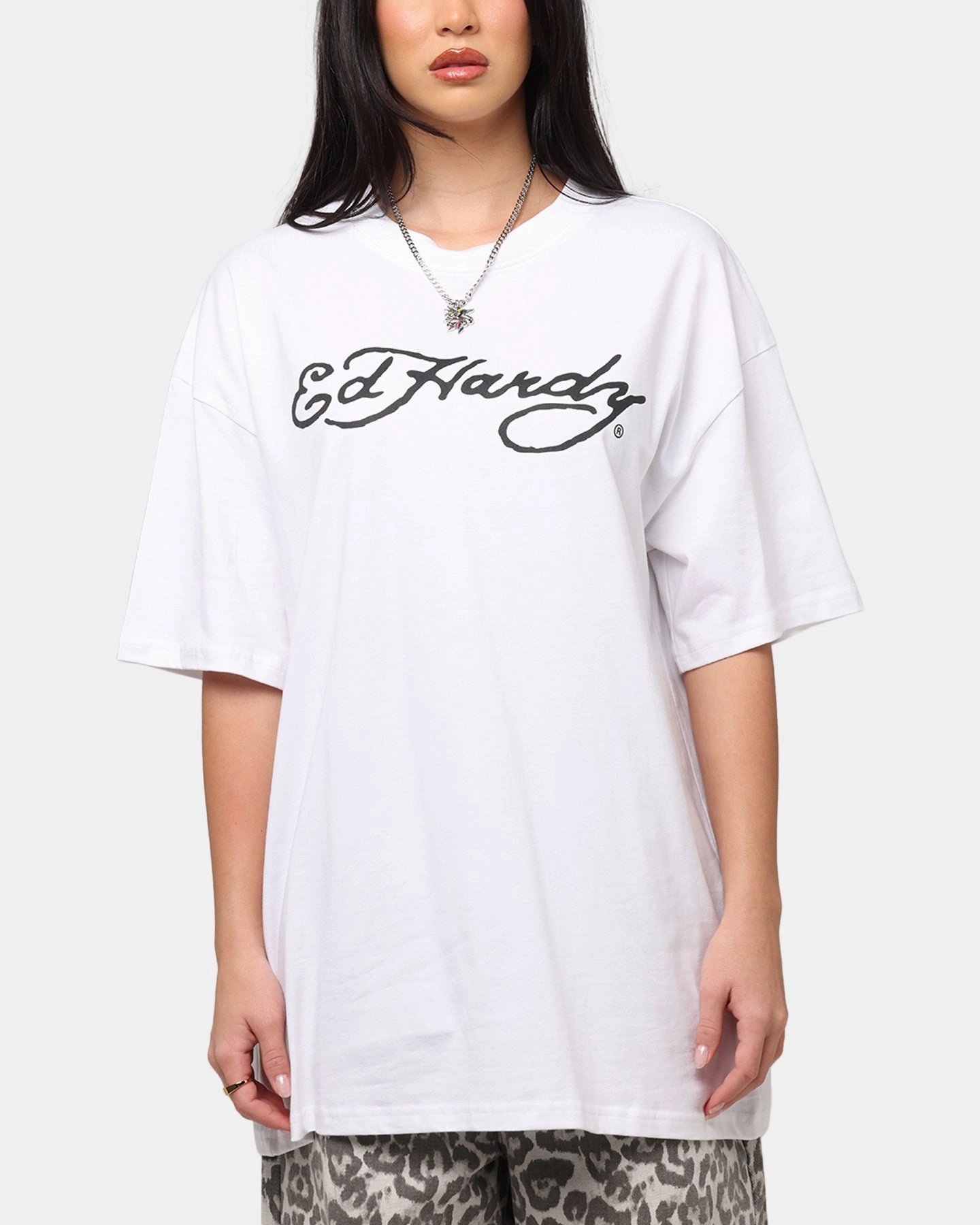 Comfy Design Skin Friendly Lining Ed Hardy Tiger Stamp T-Shirt White