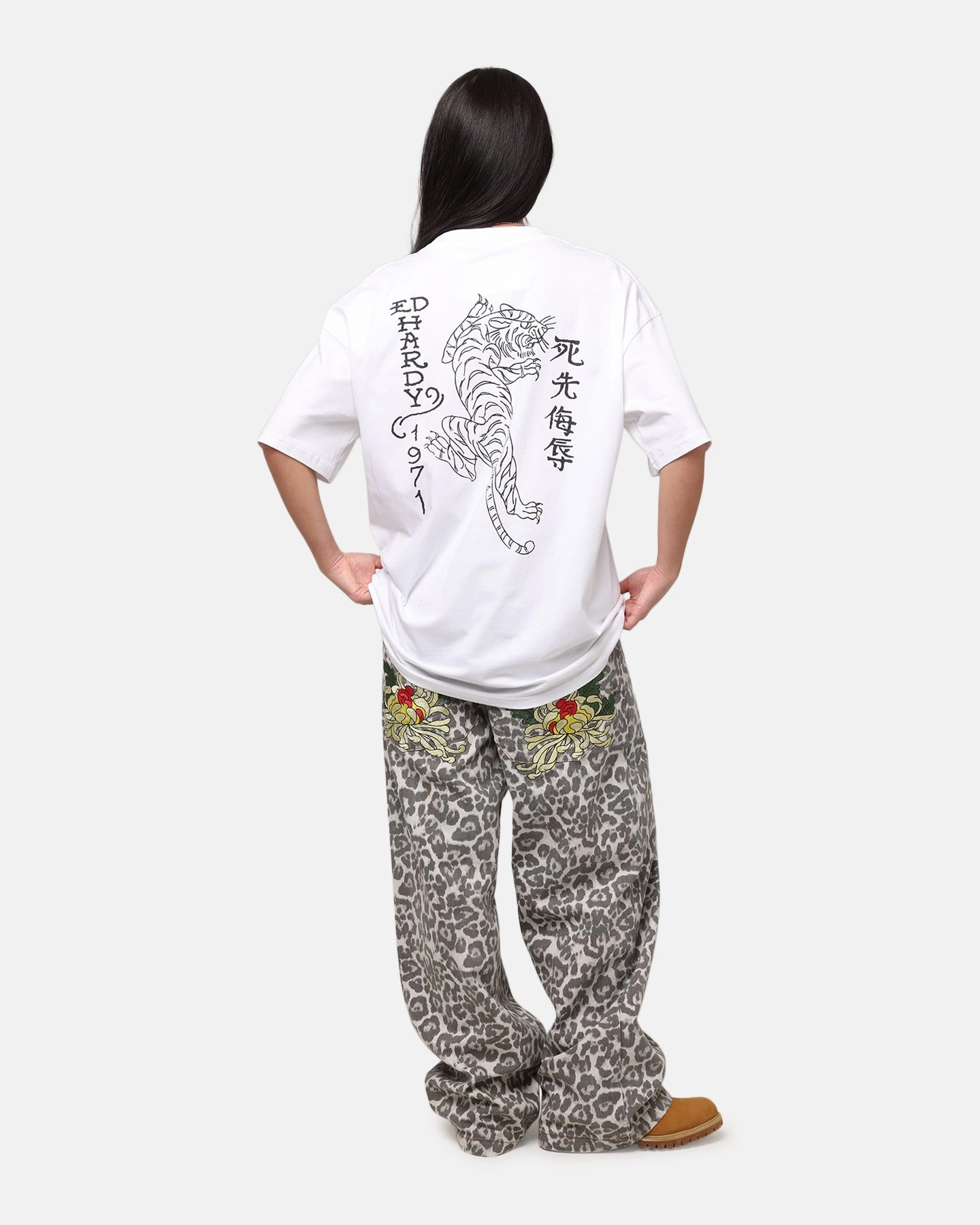 Relaxed Armhole Cut Ed Hardy Tiger Stamp T-Shirt White