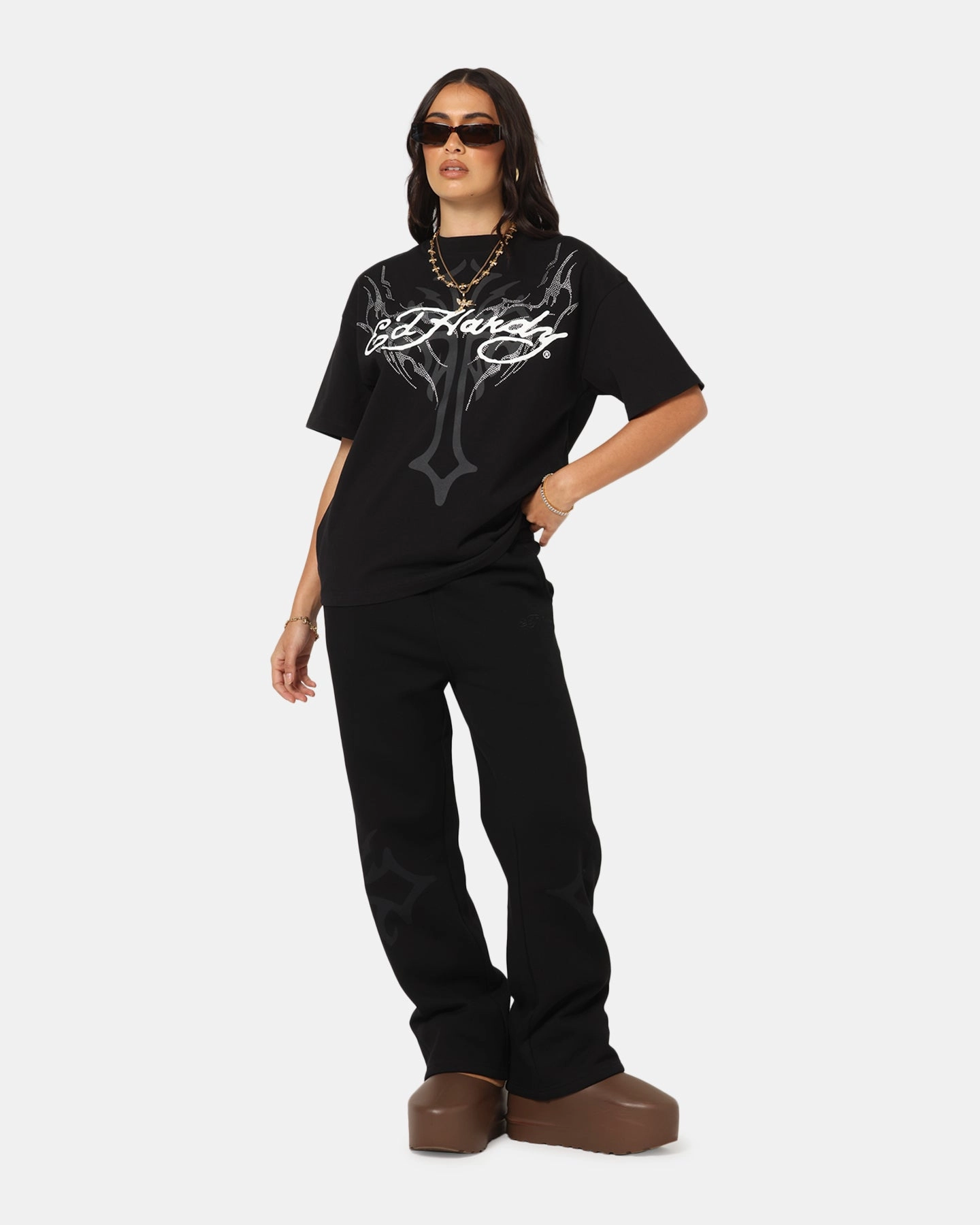 Ed Hardy Trinity Rhinestone T-Shirt Black Layered Wear Classic timelessness