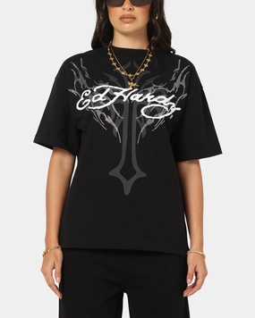 Street Casual Look Unique Design Ed Hardy Trinity Rhinestone T-Shirt Black