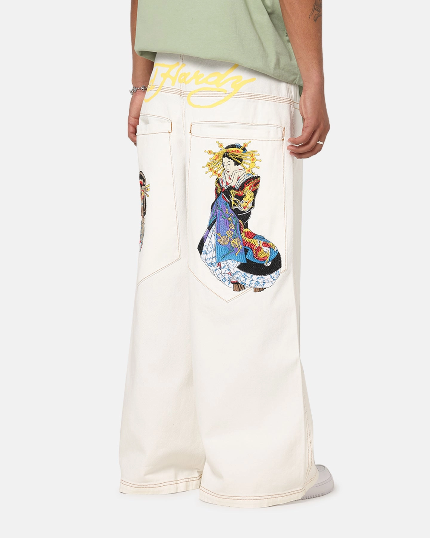 Ed Hardy Ultra Wide Leg Denim Jeans Off White/Yellow Elegant Adult Fashion Street Style