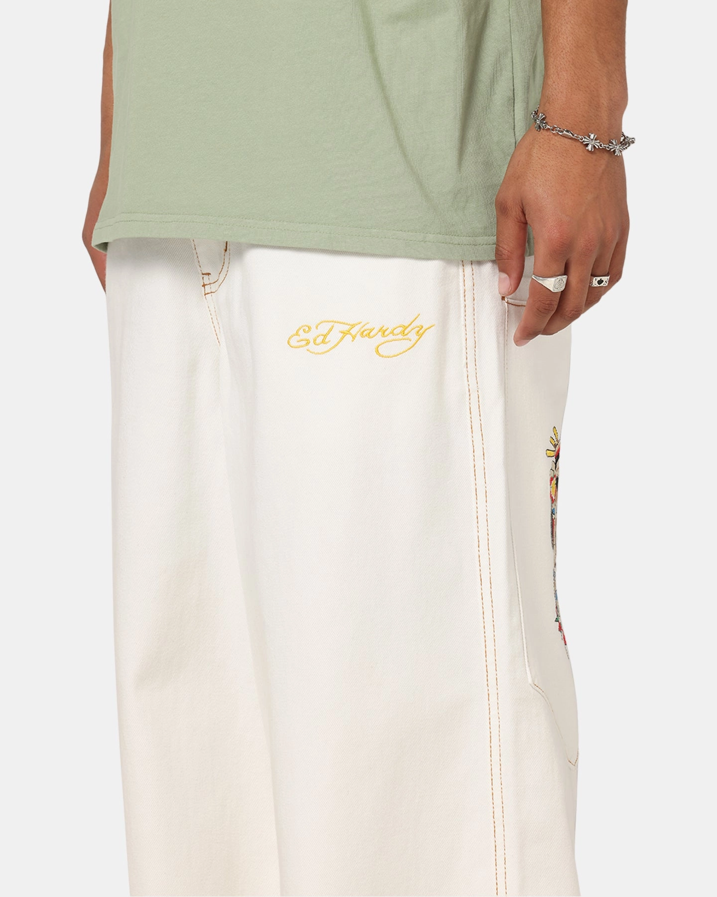 Ed Hardy Ultra Wide Leg Denim Jeans Off White/Yellow Stretch Comfort Closet Must