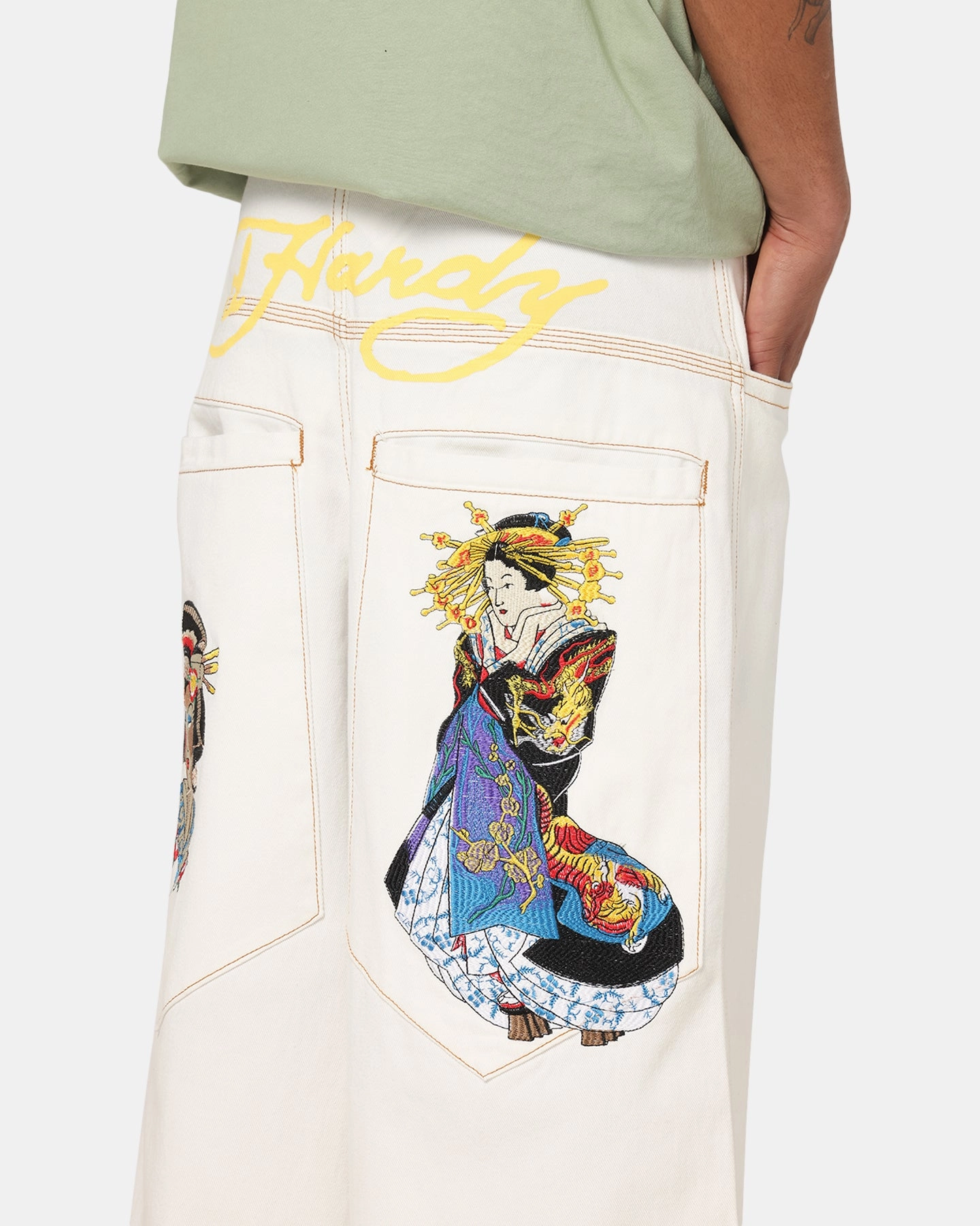 Home Comfort Teen Outfit Comfortable Style Ed Hardy Ultra Wide Leg Denim Jeans Off White/Yellow