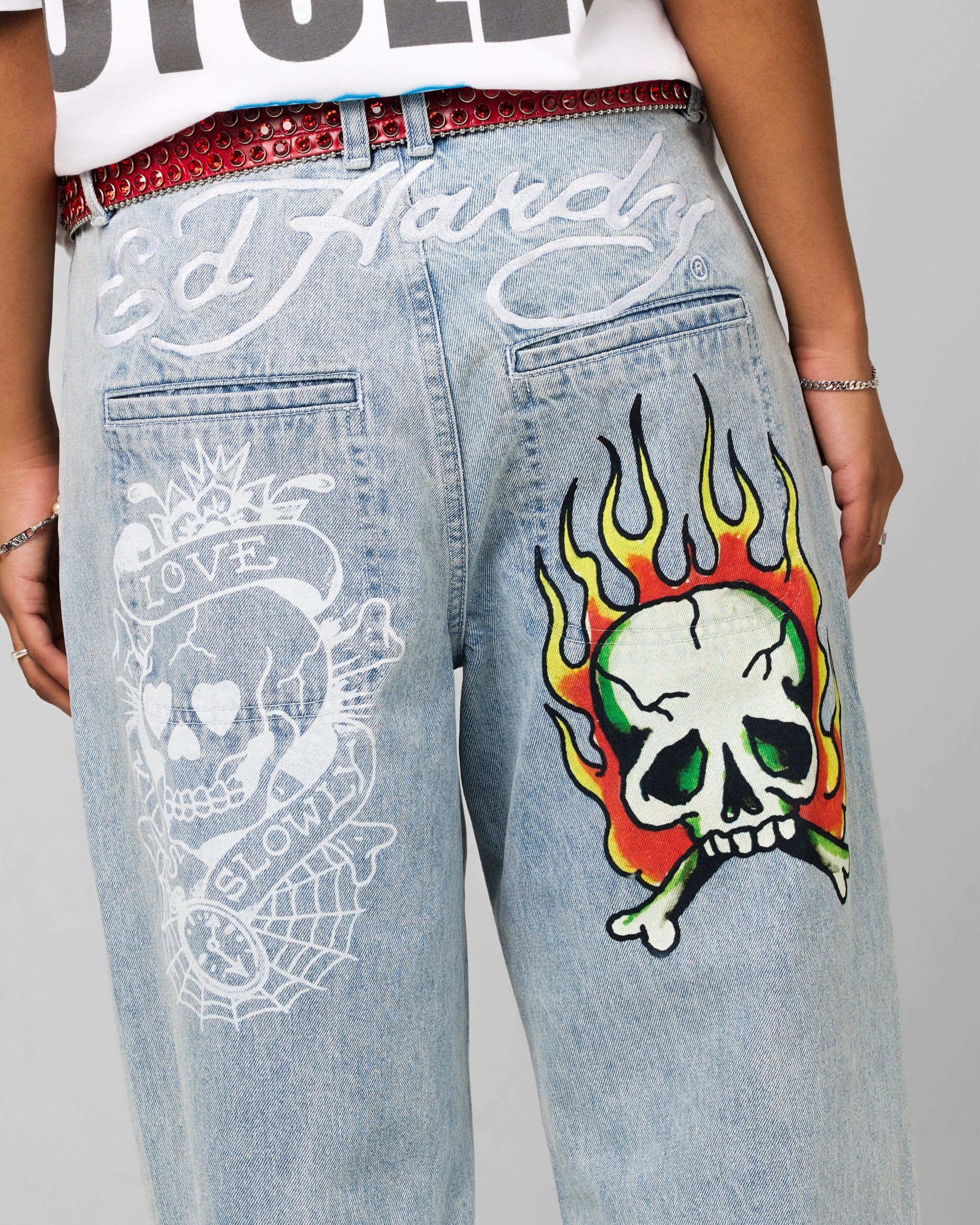 Minimalist Traveler Gear Bold Look Relaxed Style Ed Hardy Wide Leg Skull Jeans Light Blue