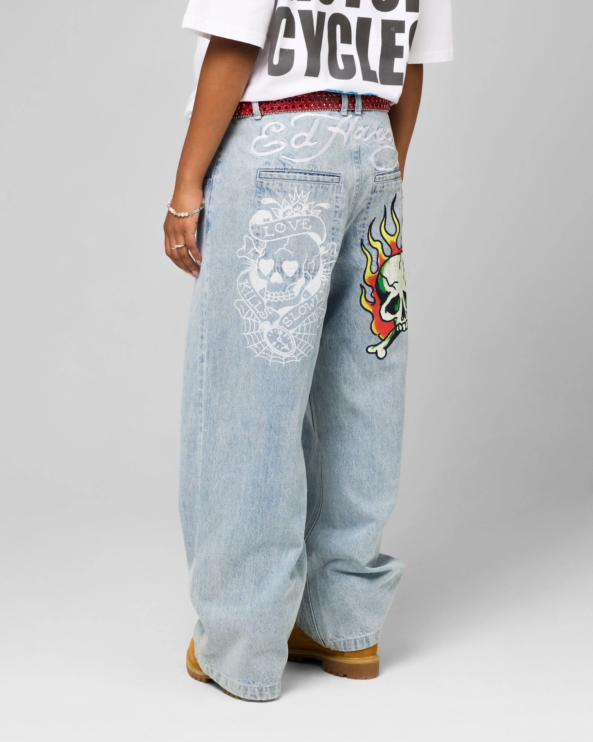 Streetwear Fan Minimalist Style Quality Wear Ed Hardy Wide Leg Skull Jeans Light Blue