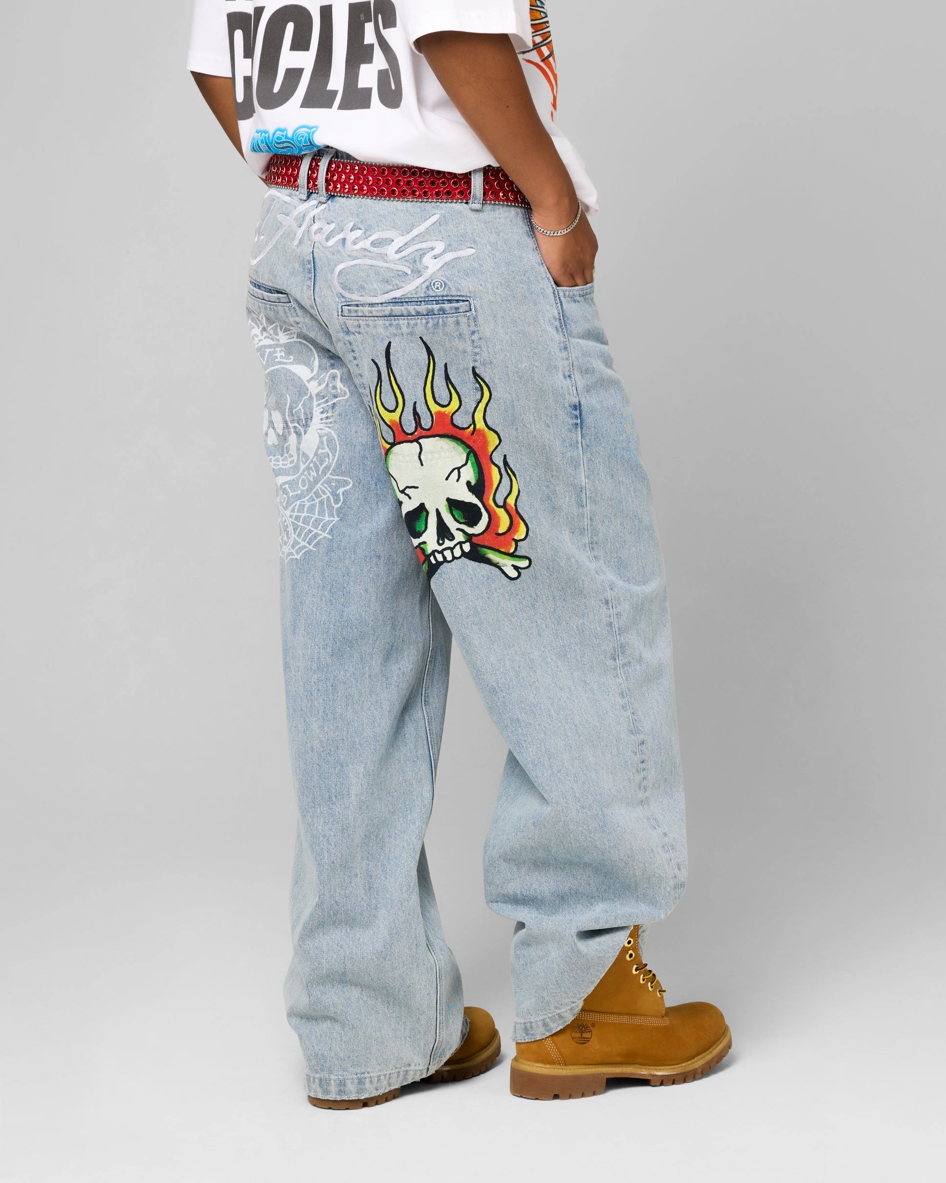 Autumn Days Unisex Wear Teen Outfit Easy Outfit Ed Hardy Wide Leg Skull Jeans Light Blue