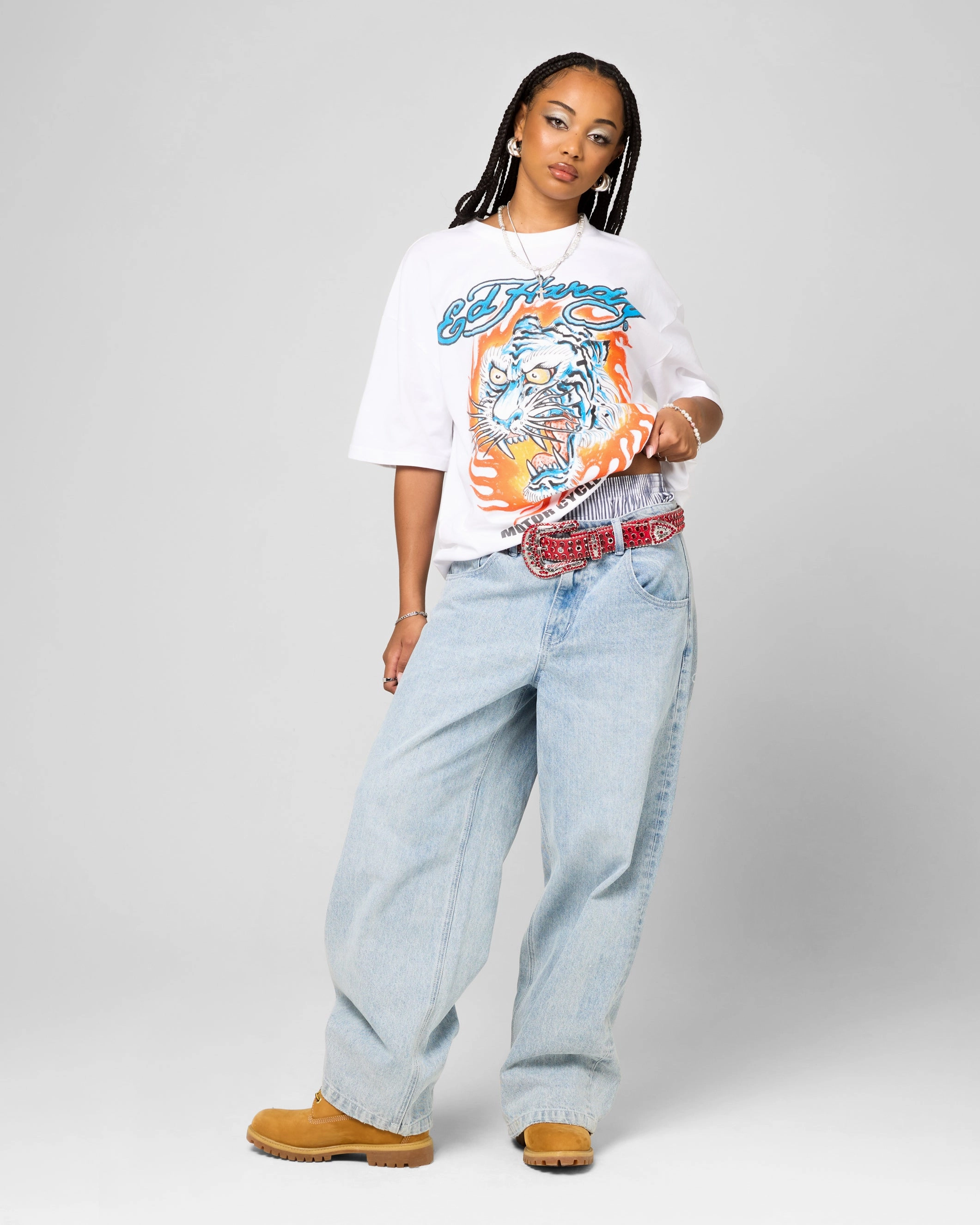 Ed Hardy Wide Leg Skull Jeans Light Blue Youth Style Office Wear