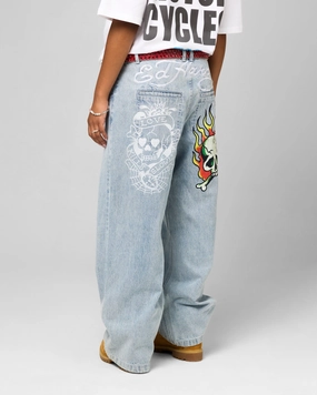Streetwear Fan Minimalist Style Quality Wear Ed Hardy Wide Leg Skull Jeans Light Blue