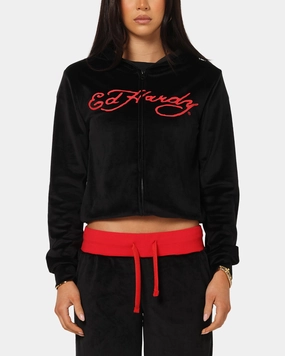 Compression Stitching Ed Hardy Women's Cropped Hoodie Black/Red
