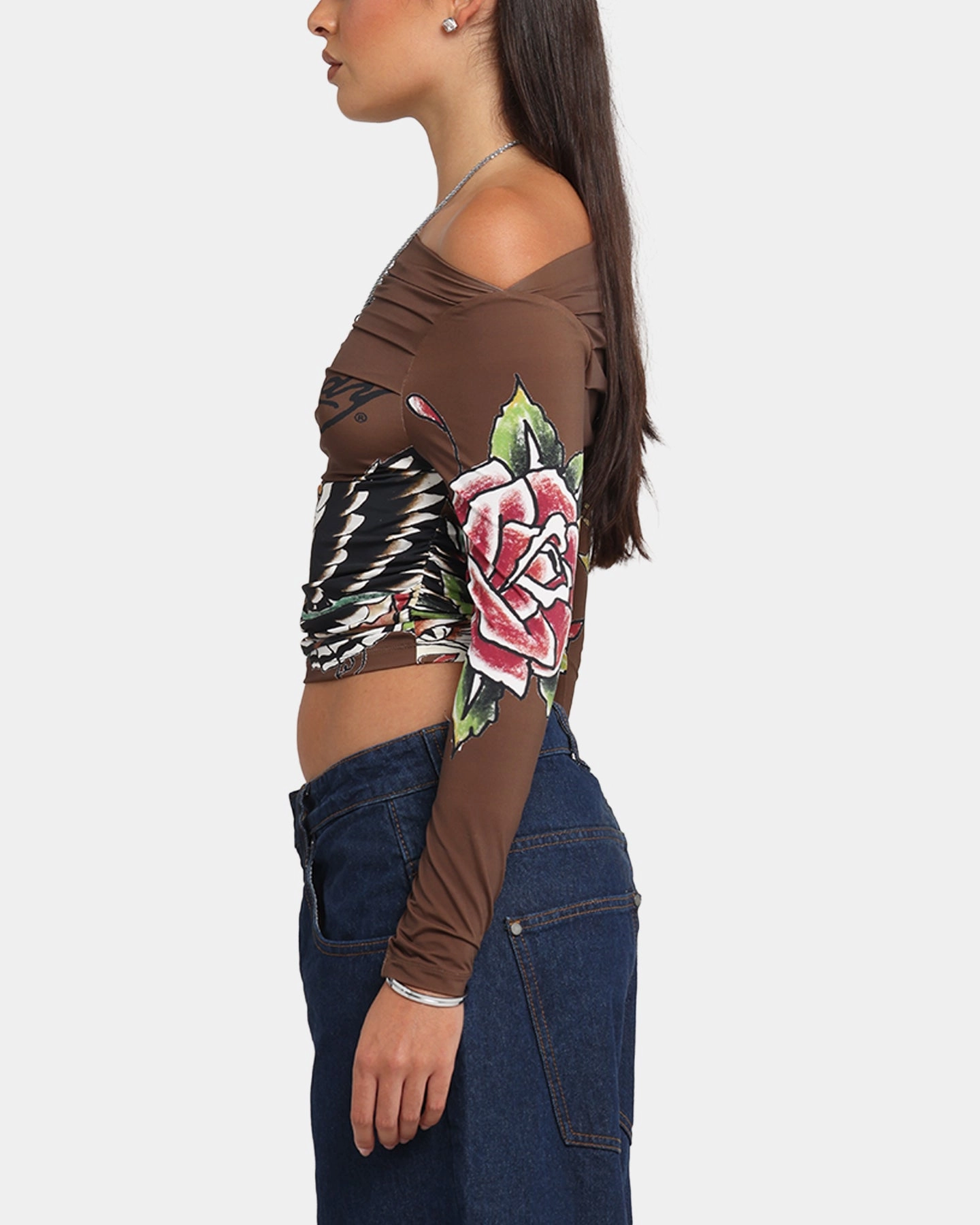 Reinforced Shoulder Layered Collar Ed Hardy Women's Eagle Long Sleeve T-Shirt Brown