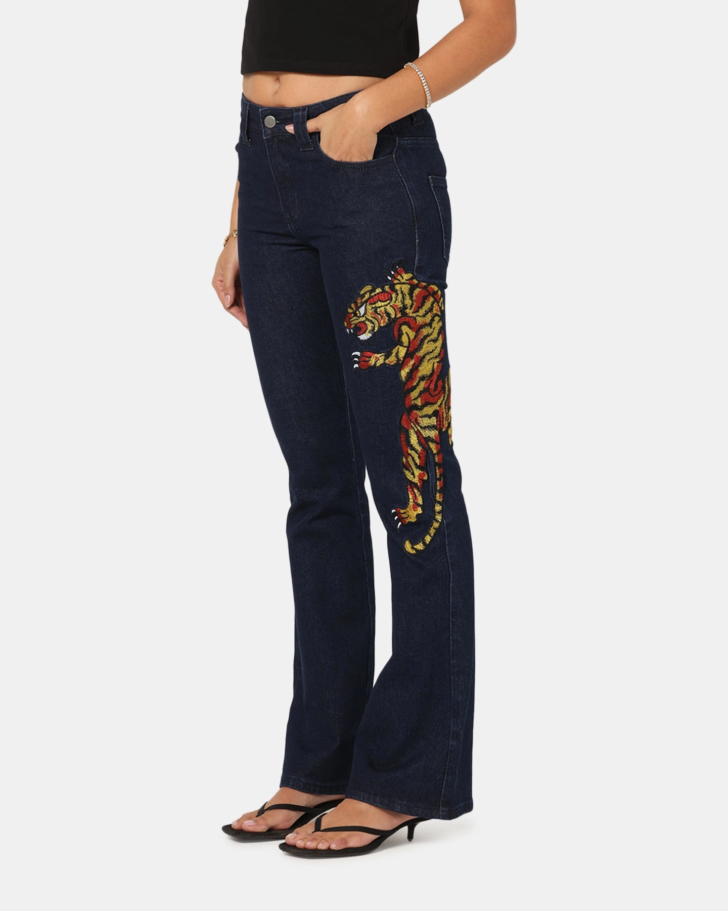 Ed Hardy Women's Feline Bootleg Jeans Indigo Denim Urban Explorer Picnic Style Daily Wear Festival Outfit