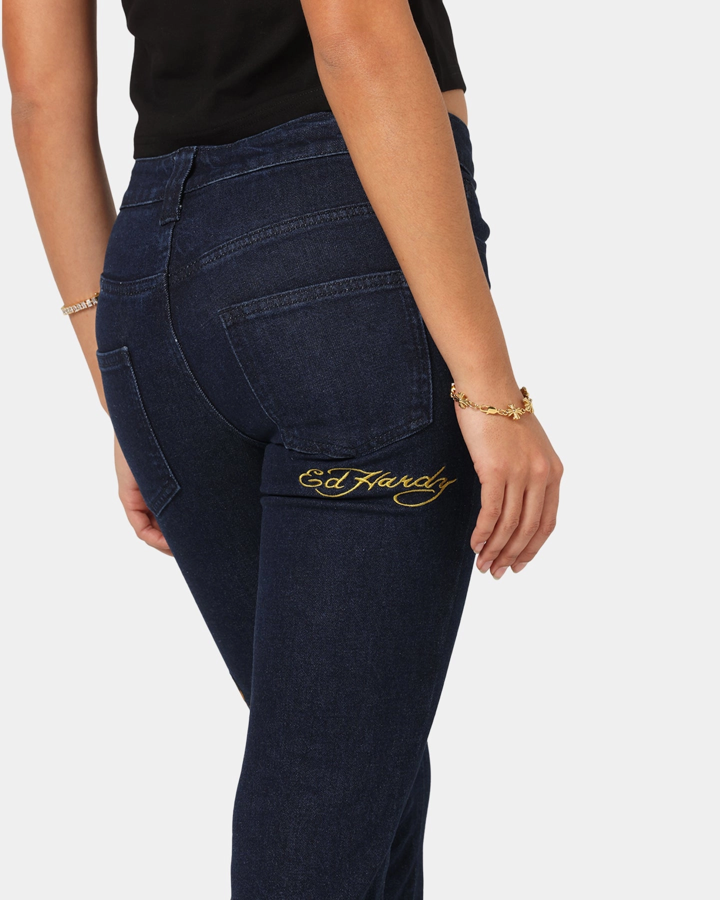Cool Essential High Quality Classic Wear Earthy Ed Hardy Women's Feline Bootleg Jeans Indigo Denim