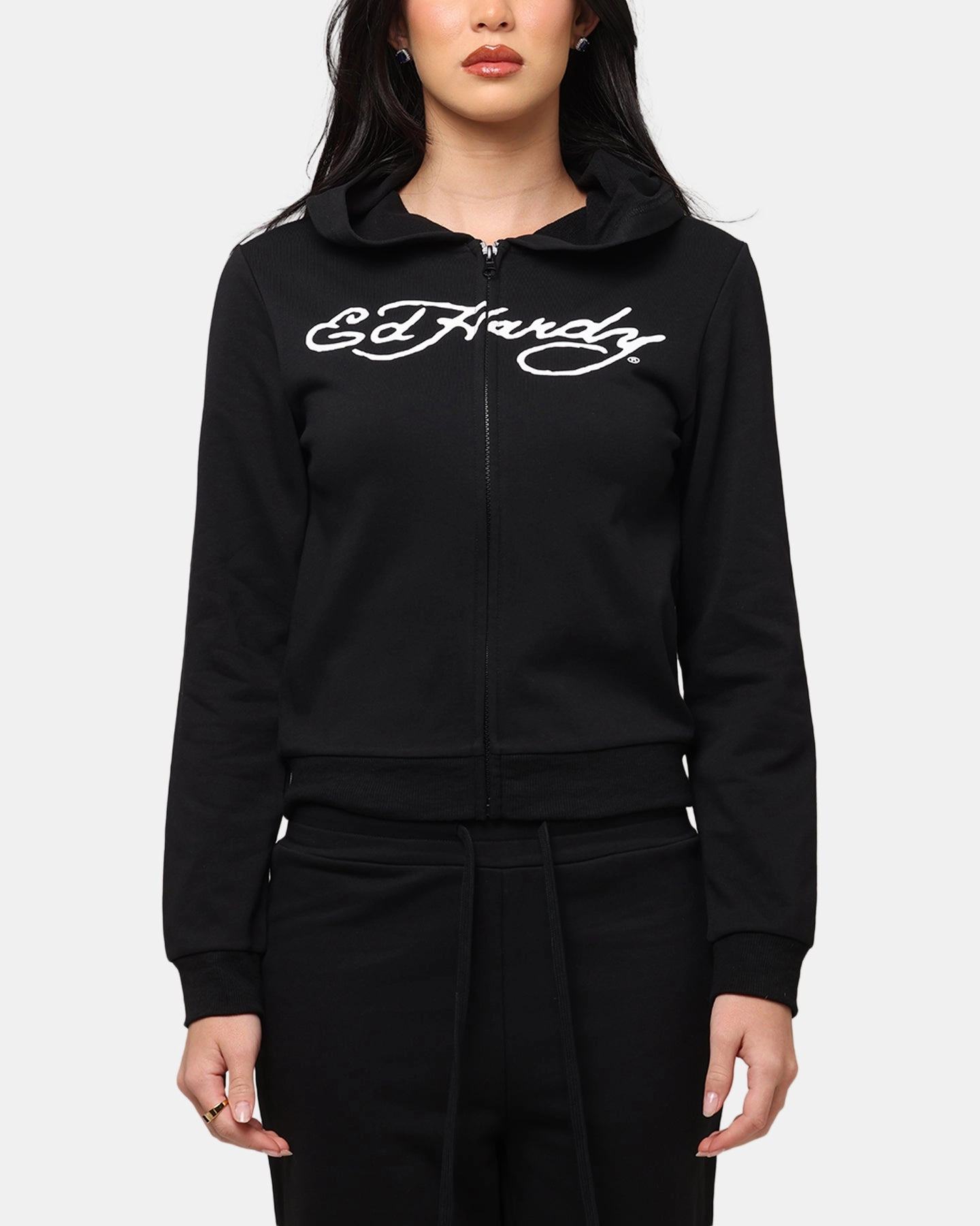 Ed Hardy Women's Flora Zip Hoodie Black Patchwork Ventilation Vents