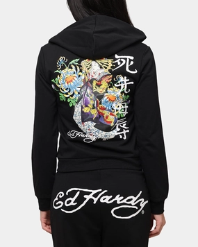 Ed Hardy Women's Flora Zip Hoodie Black Statement Piece