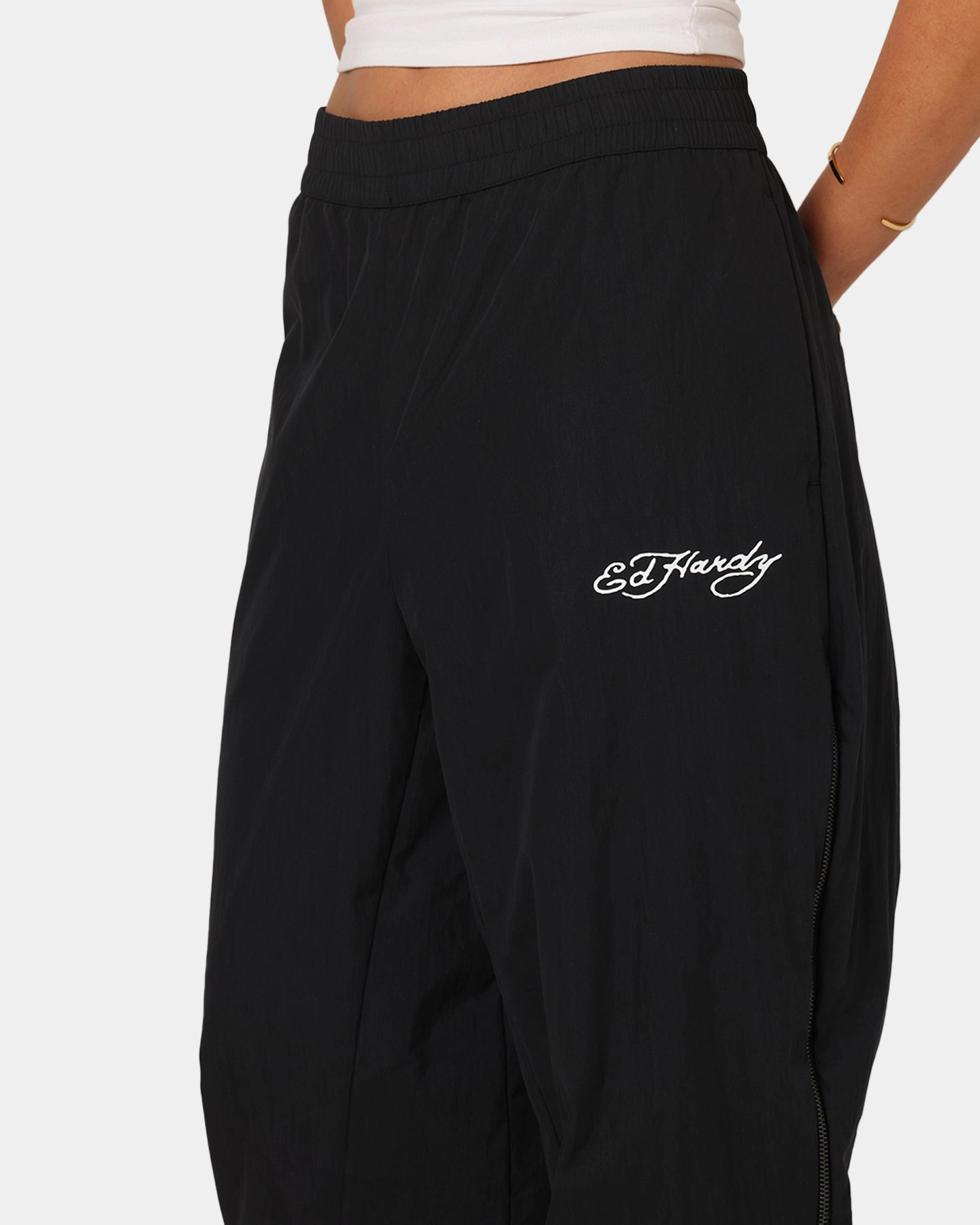 Moisture wicking Low Bulk Material Ed Hardy Zip Track Pants Black