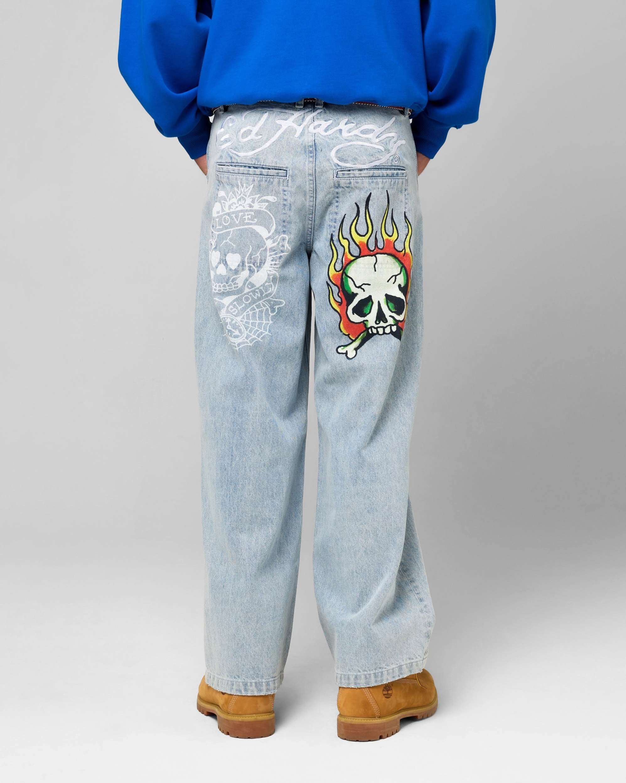 Pre Shrunk Material Affordable Beach Day Ed Hardy Wide Leg Skull Jeans Light Blue