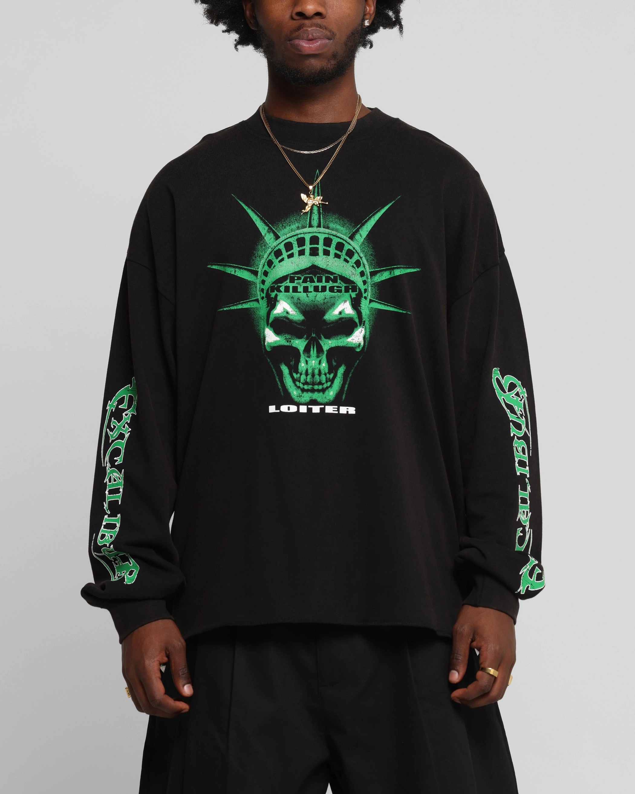 Loiter Liberty Long Sleeve T-Shirt Vintage Black Smooth Jersey Texture Drop Shoulder Cut