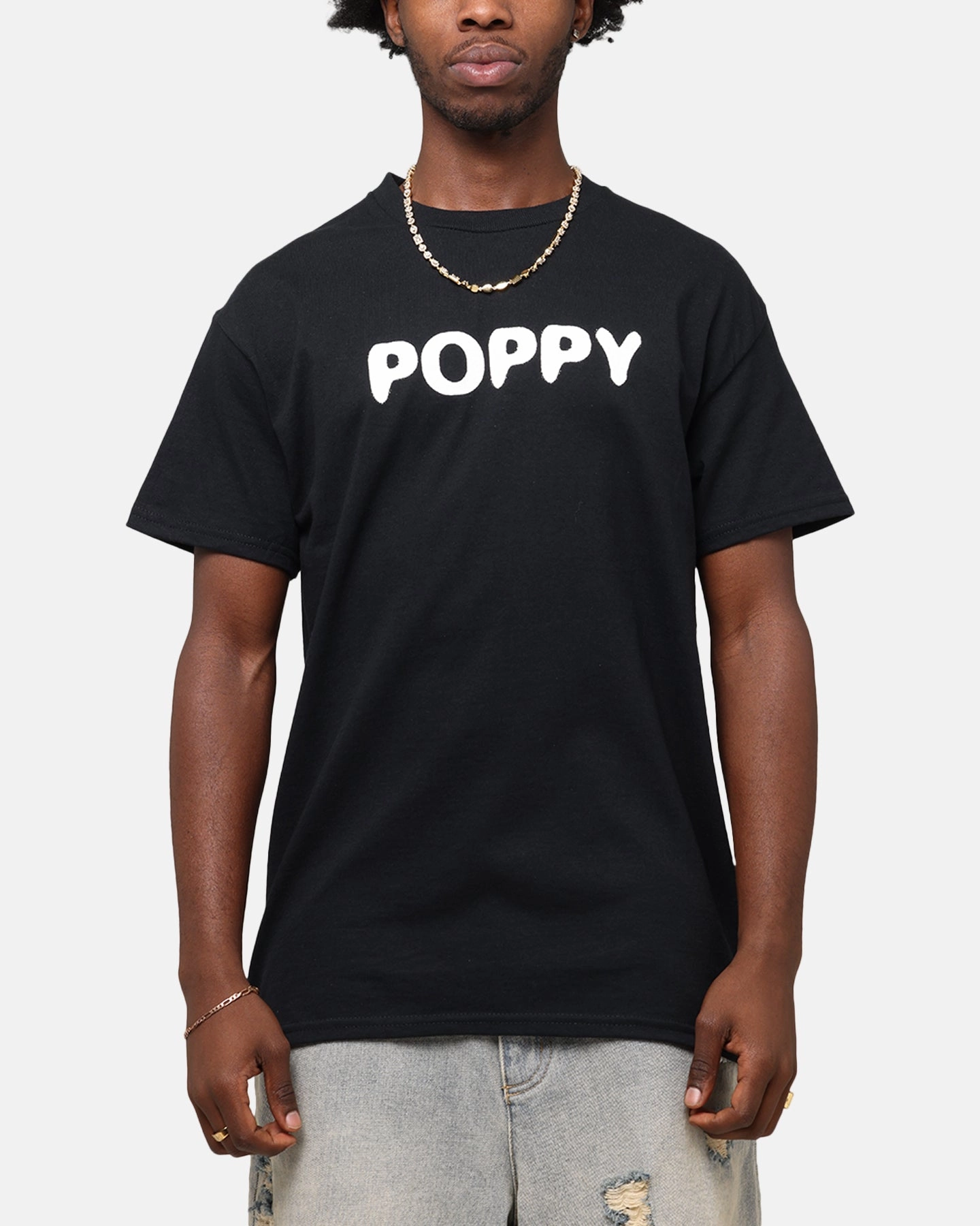 Ribbed Neckline harmonious Poppy Negative Spaces T-Shirt Black