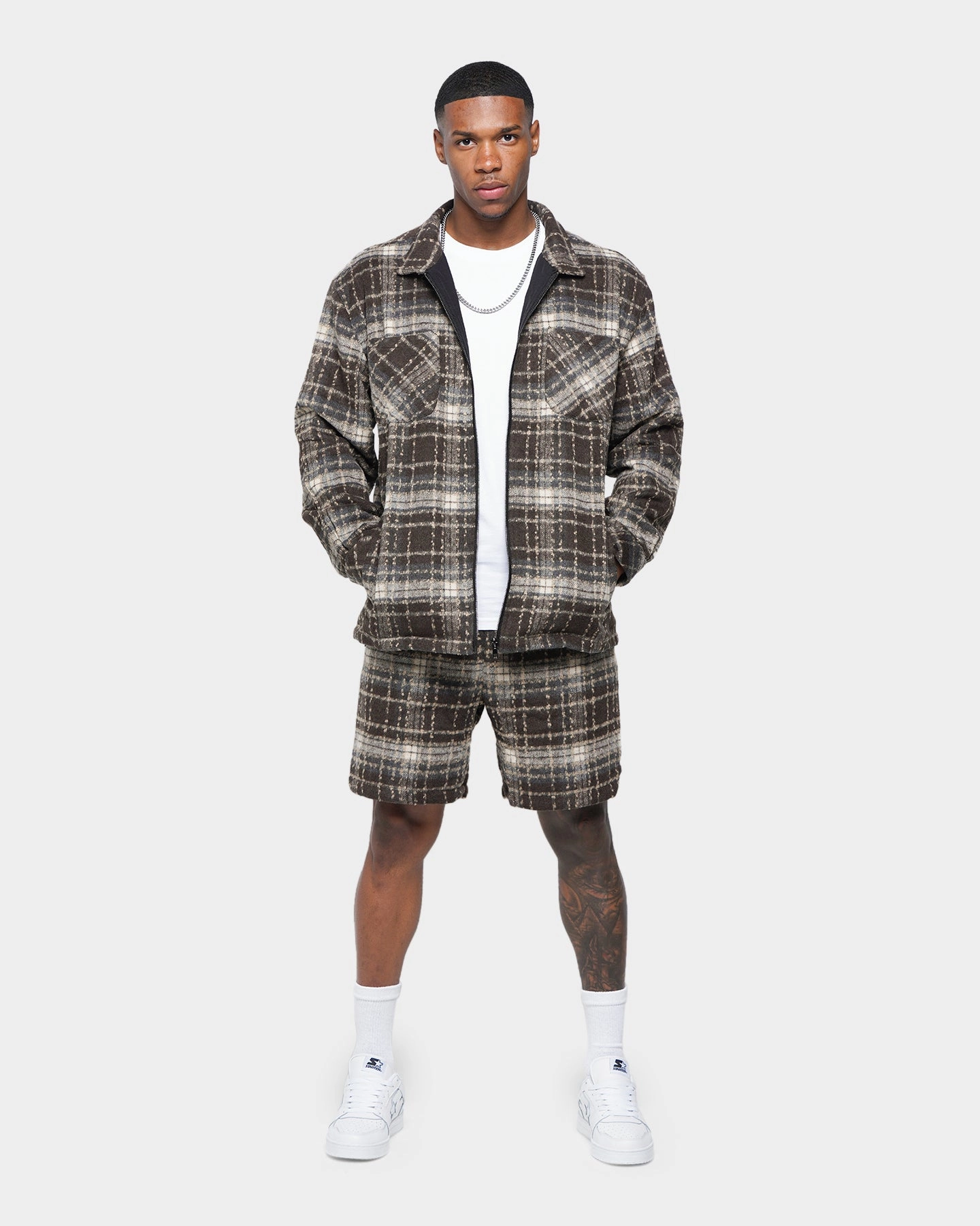 XXIII Vitus Zip Up Flannel Shacket Brown Compression Panels bar