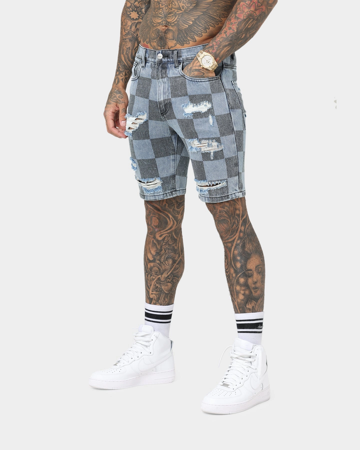 Saint Morta Vintage Checks Denim Shorts Stone Wash Blue Ventilated Back Panels
