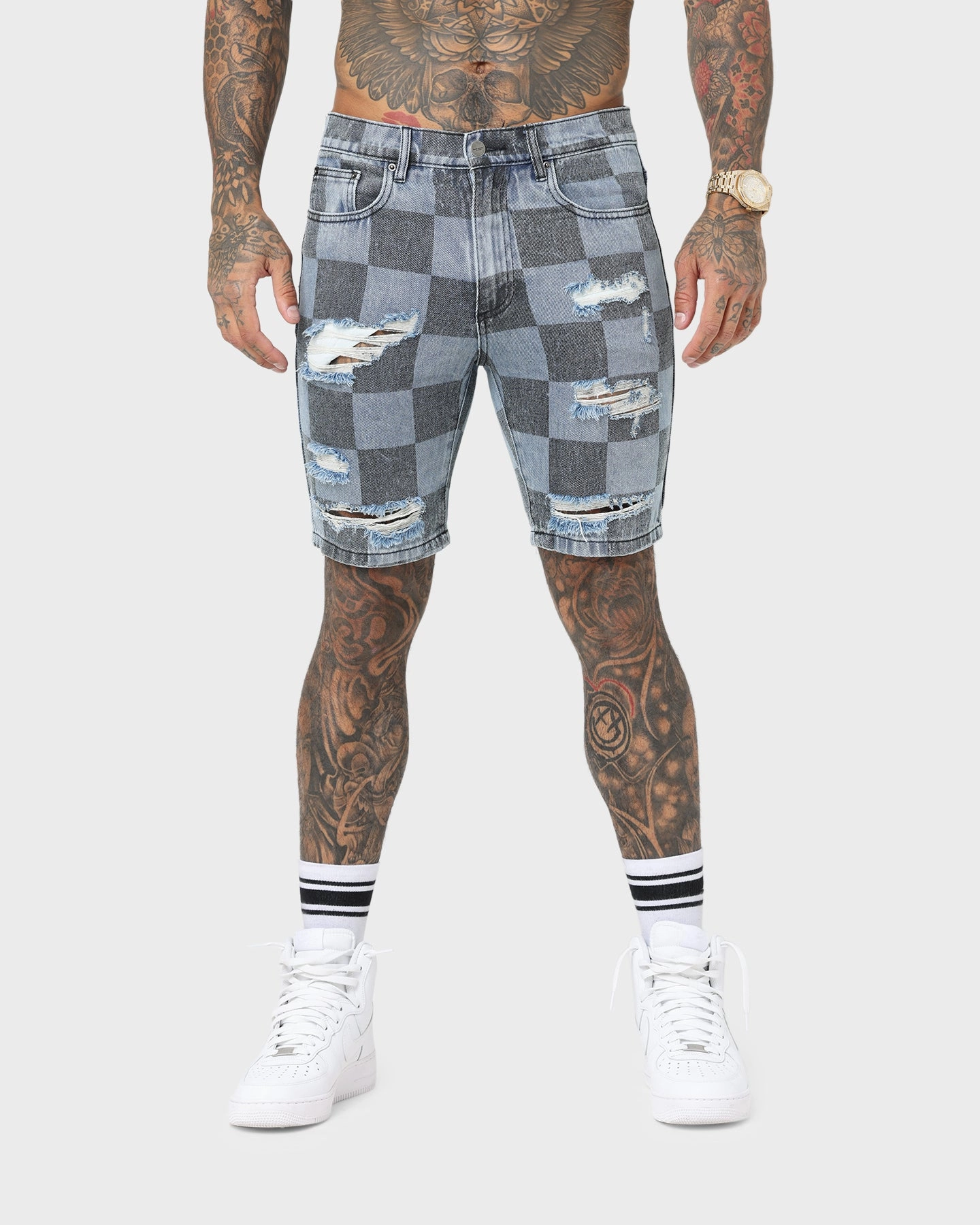 Saint Morta Vintage Checks Denim Shorts Stone Wash Blue Compact Packable Design Exclusive item