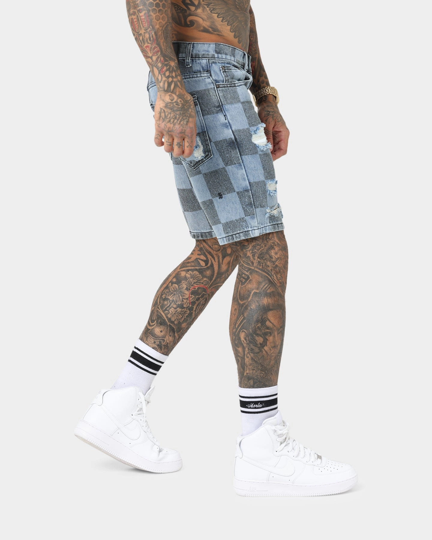 Saint Morta Vintage Checks Denim Shorts Stone Wash Blue Wrinkle Resistant Treatment