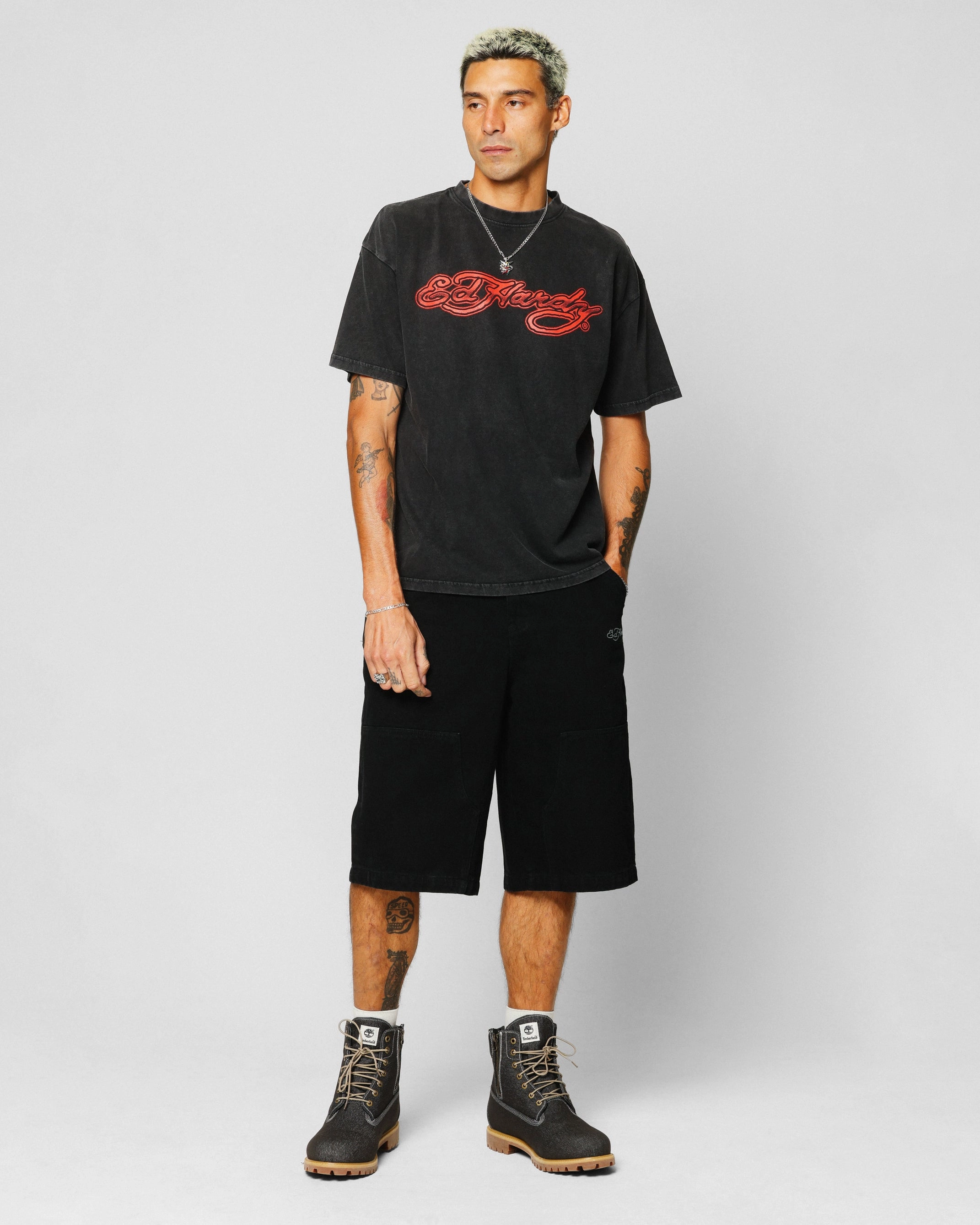 Ed Hardy Tribal T-Shirt Black Acidwash FunctionalPockets