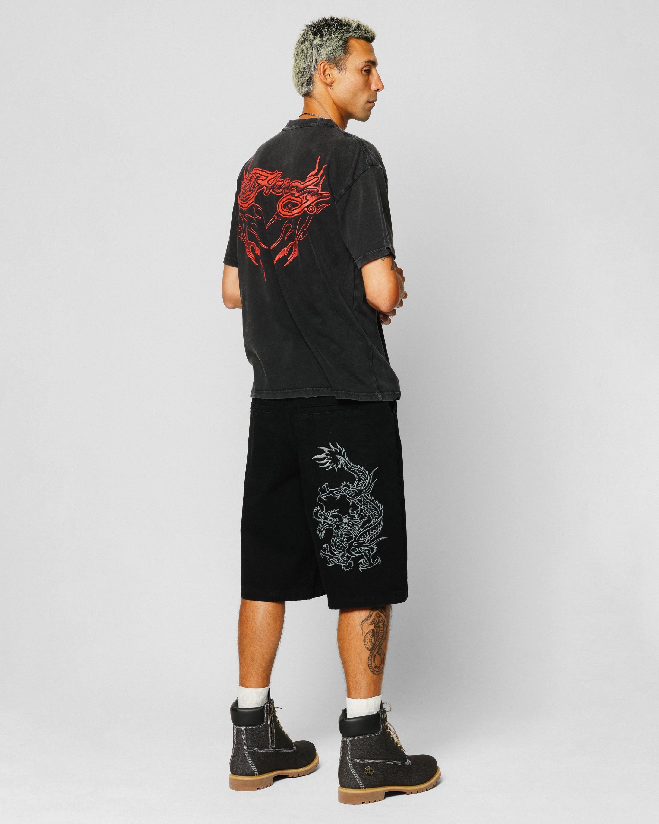 Ed Hardy Tribal T-Shirt Black Acidwash Layered Look Easy Wear Option