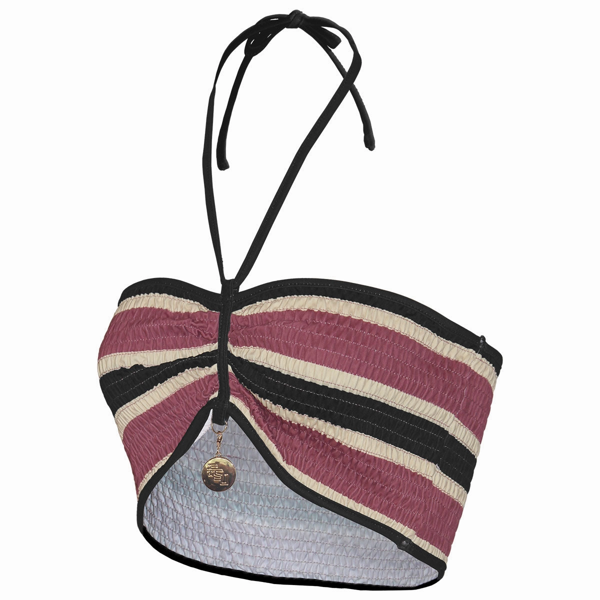 Emerson Street Women's Stacked FSU Charm Striped Bandeau Top - Garnet/Gold/Black mesh panels